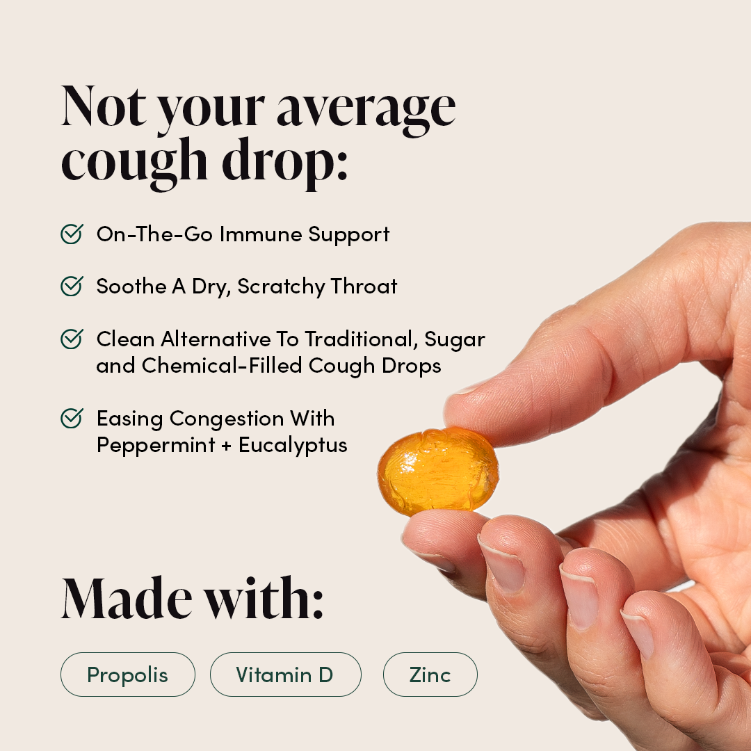 Infographic showing lozenge benefits: 'not your average cough drop: on-the-go immune support; soothe a dry, scratchy throat; clean alternative to traditional, sugar and chemical-filled cough drops; easing congestion with peppermint + eucalyptus' made with propolis, vitamin D, zinc