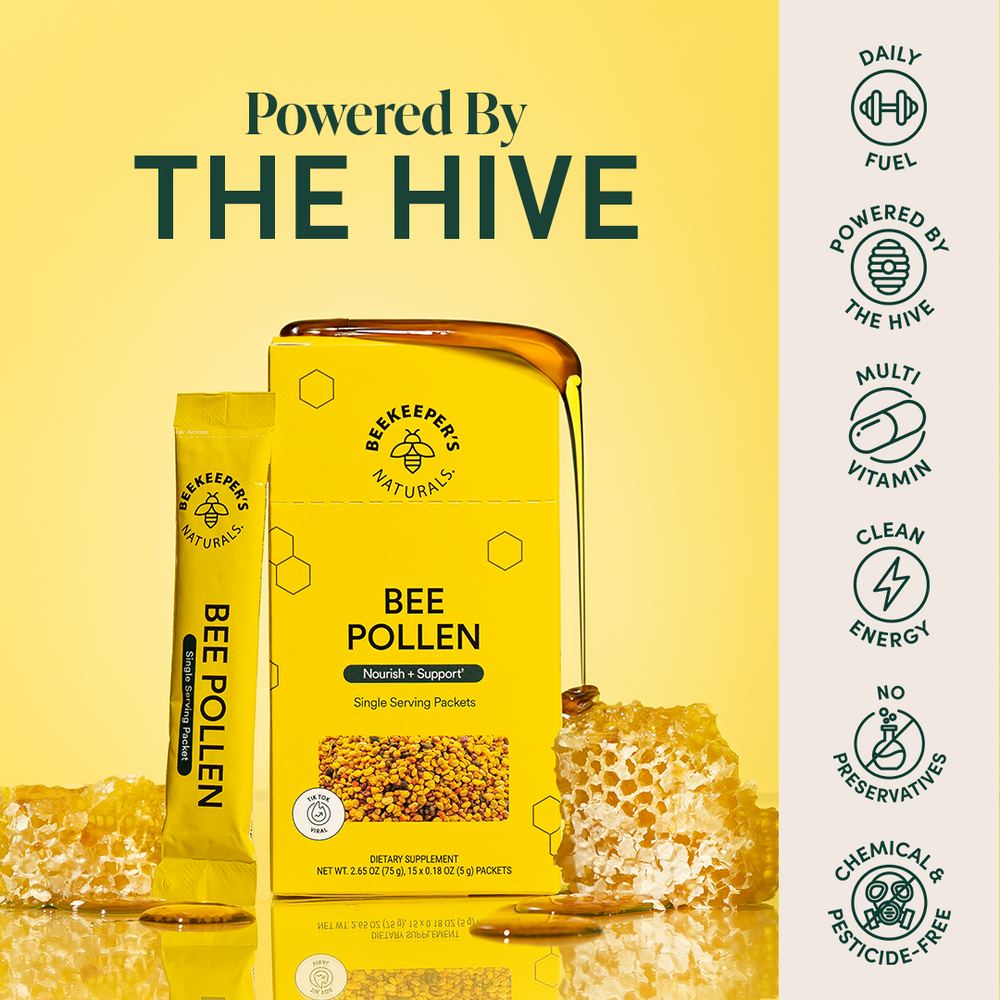 Bee Pollen single-serving packets for daily fuel & multi-vitamin boost. "Powered By The Hive." Clean energy. Chemical &