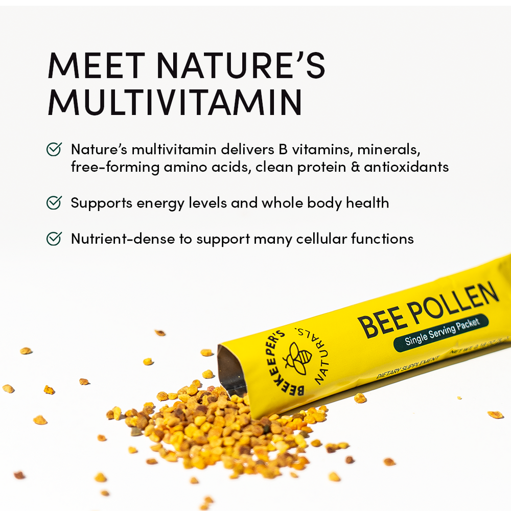 Bee pollen single-serving packet. Nature's multivitamin packed with B vitamins, minerals, and antioxidants for energy and