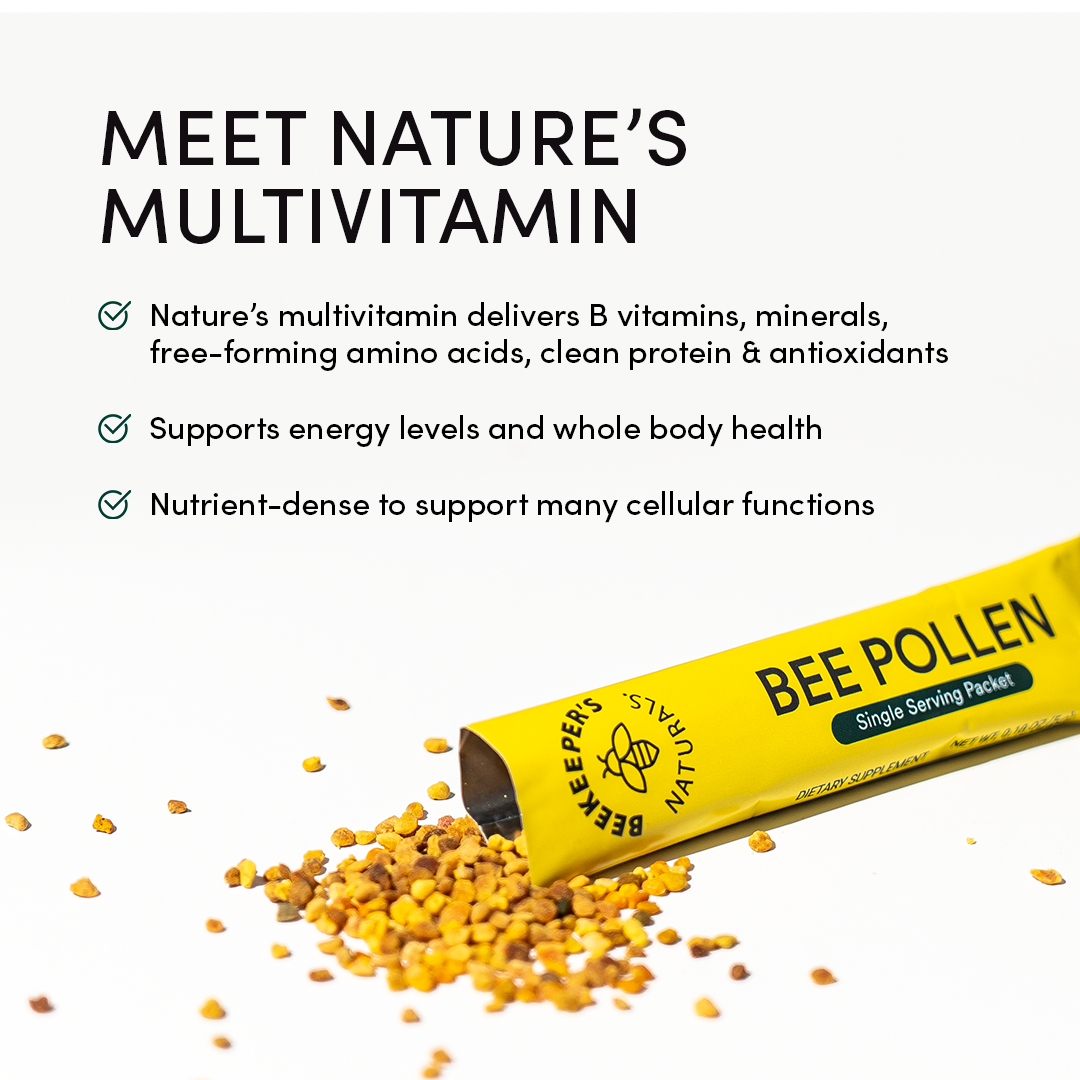 Bee pollen single-serving packet. Nature's multivitamin packed with B vitamins, minerals, and antioxidants for energy and