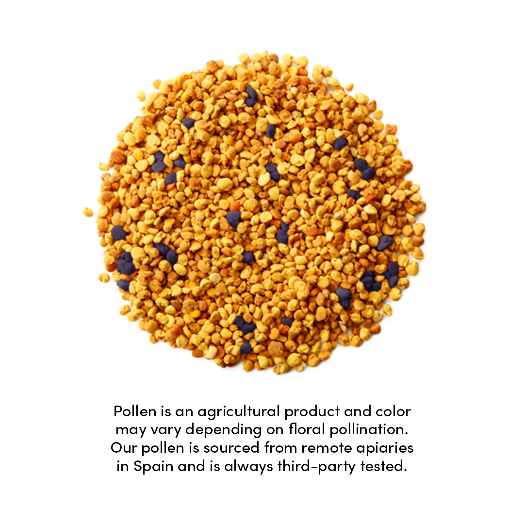 Premium bee pollen granules sourced from remote apiaries in Spain, offering a natural dietary supplement.