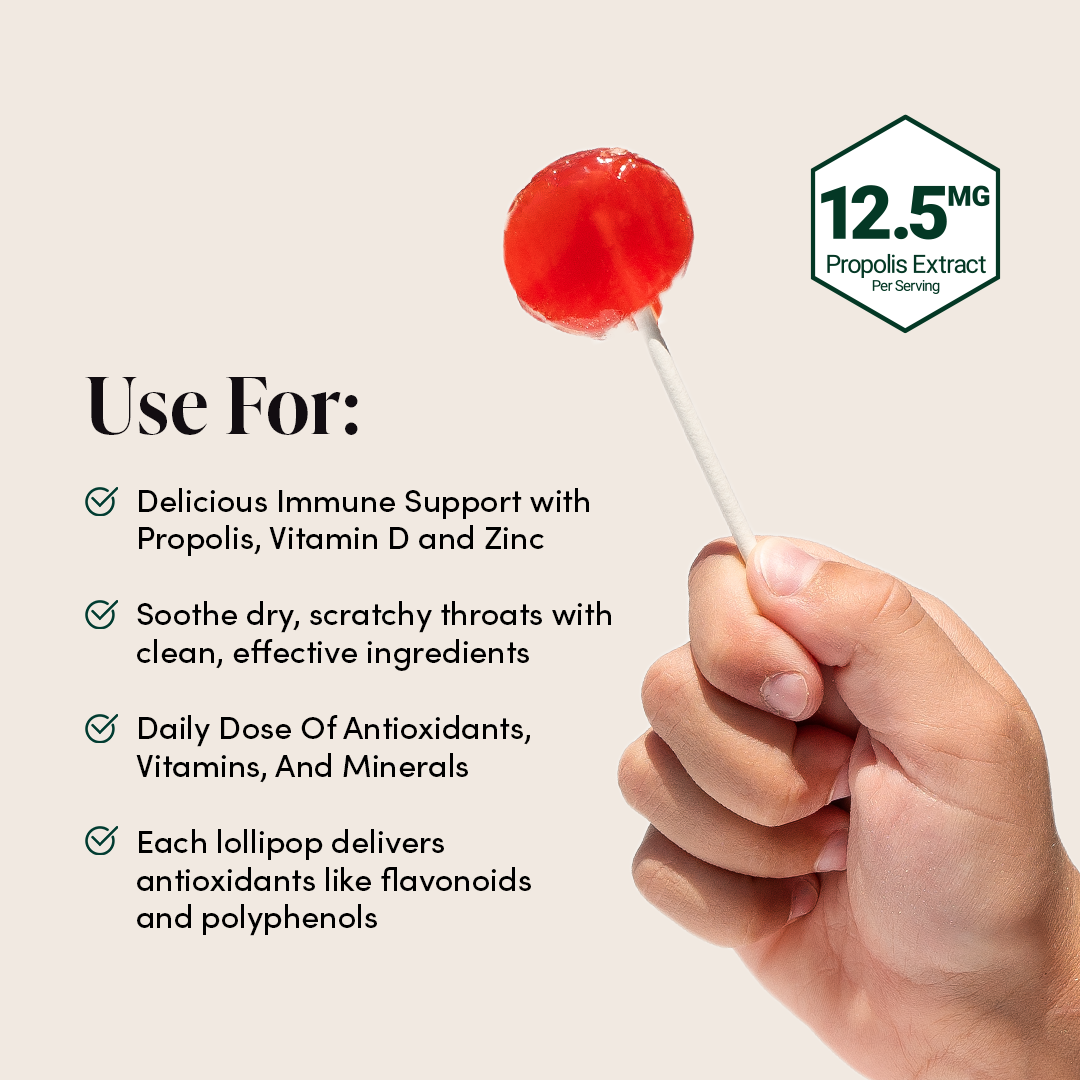 Kids watermelon throat-soothing lollipops provide immune support with propolis, vitamins & antioxidants. 12.5mg Propolis