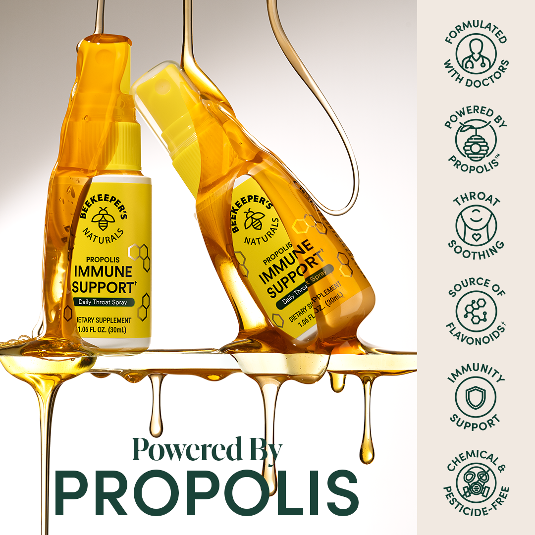Beekeeper's Naturals Propolis Throat Spray for immune support; formulated with doctors, powered by propolis.