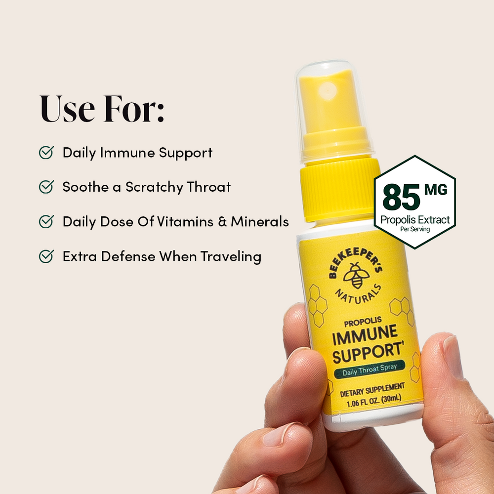 Propolis Throat Spray for daily immune support, soothing scratchy throat, & travel. Contains 85mg propolis extract per