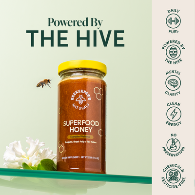 Beekeeper's Naturals Superfood Honey jar, conveying daily fuel, mental clarity, and clean energy benefits. "Powered by the