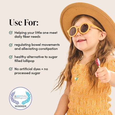 Child wearing sunglasses and a hat, holding a lollipop with text about product benefits on a light gray background.