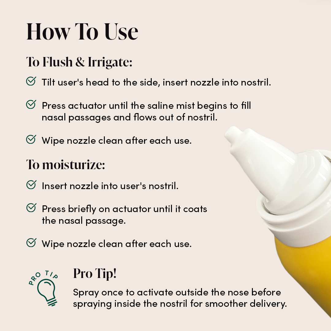 Kid's saline nasal mist usage guide: instructions for flushing & moisturizing nasal passages. Pro tip for smoother delivery