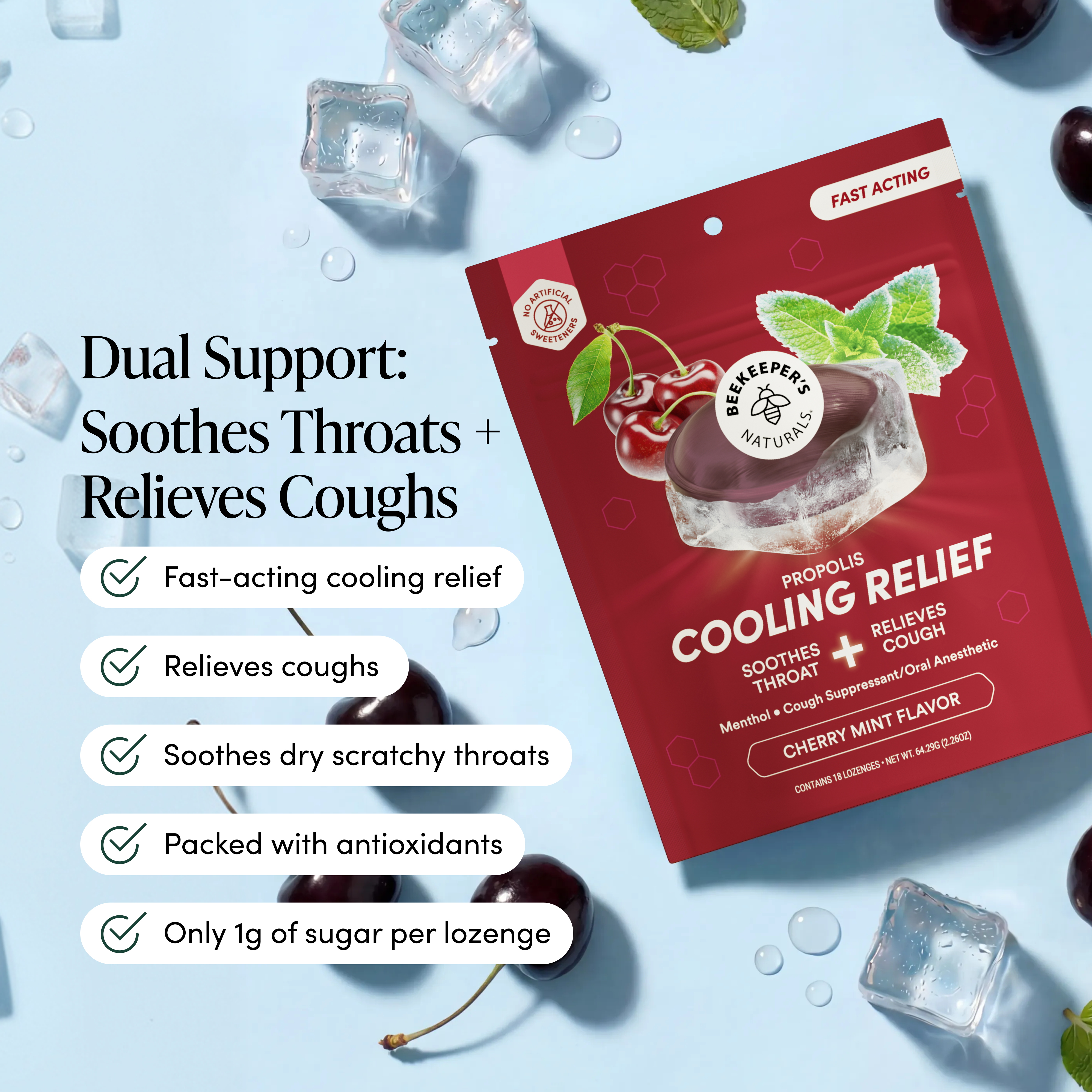 A red package of Beropolis Naturals Propolis Cooling Relief lozenge is shown on a light blue background with scattered ice cubes and cherries. Text on the left highlights dual support for throat and cough relief, and the package indicates cherry mint flavor.