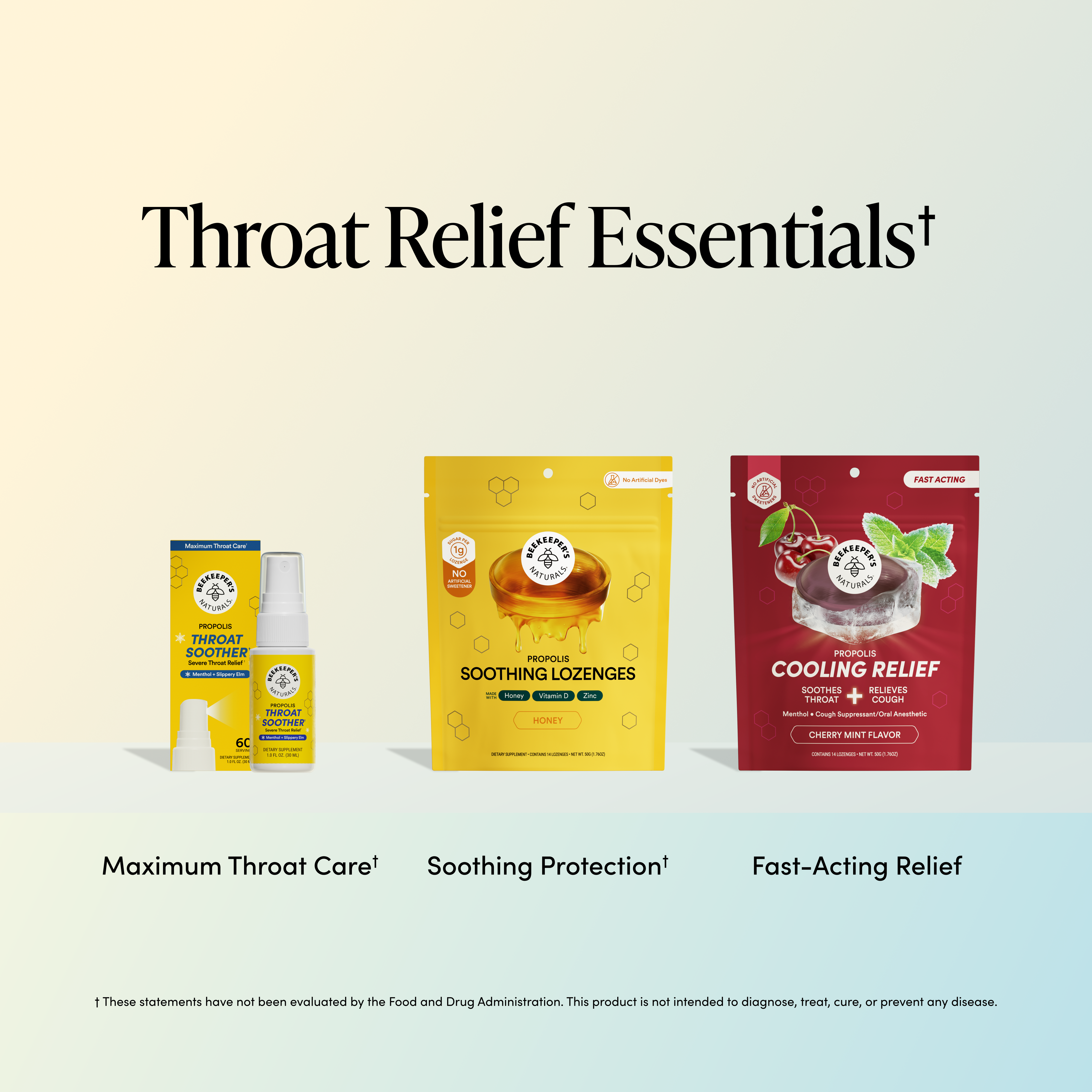 Three over-the-counter throat relief products are shown side by side on a pale gradient background with headline text reading 'Throat Relief Essentials.' The products are a yellow and white Maximum Throat Care box and spray bottle, a yellow Soothing Lozenges pouch, and a red Cooling Relief pouch.
