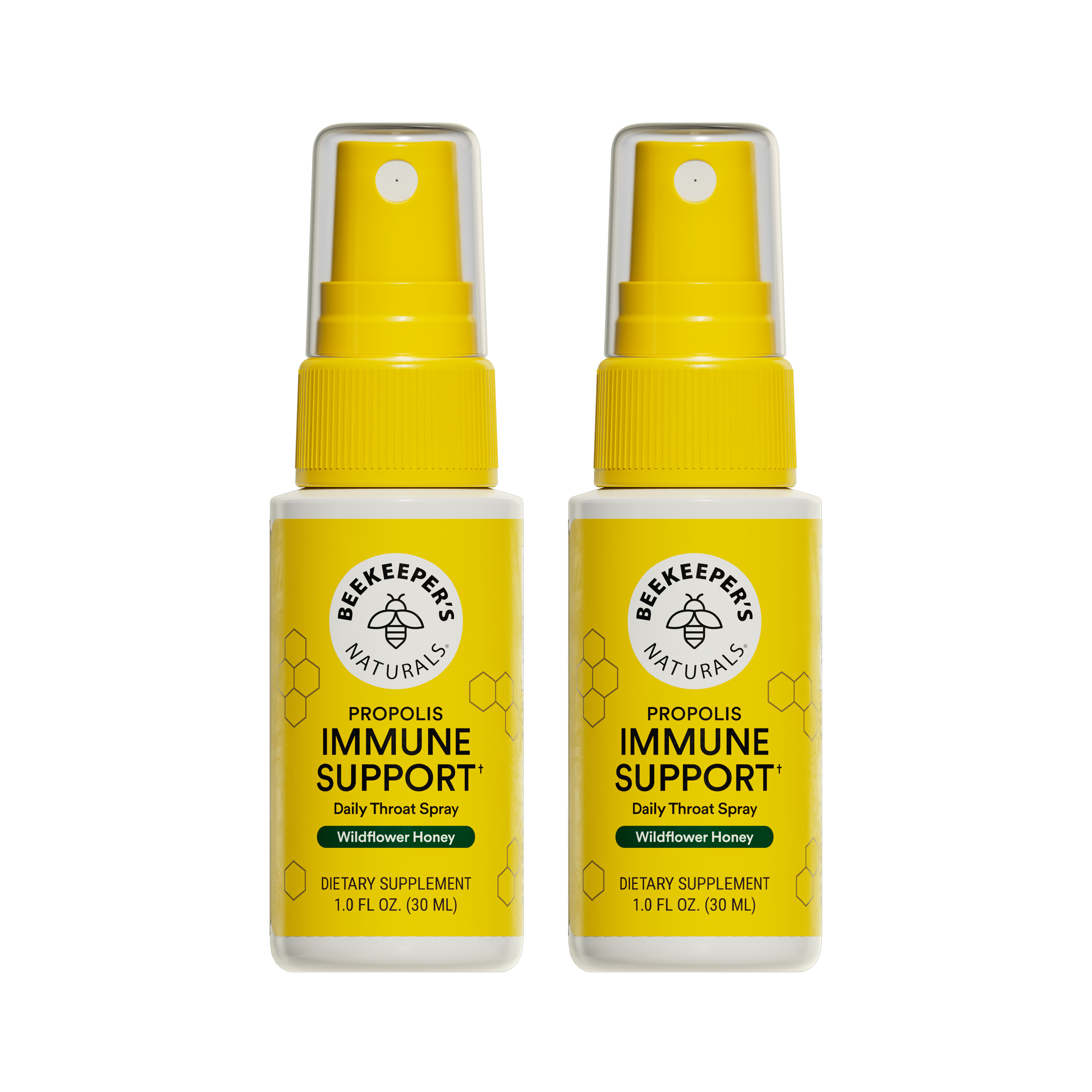 Two bottles of Beekeeper's Naturals Propolis Immune Support daily throat spray on a white background