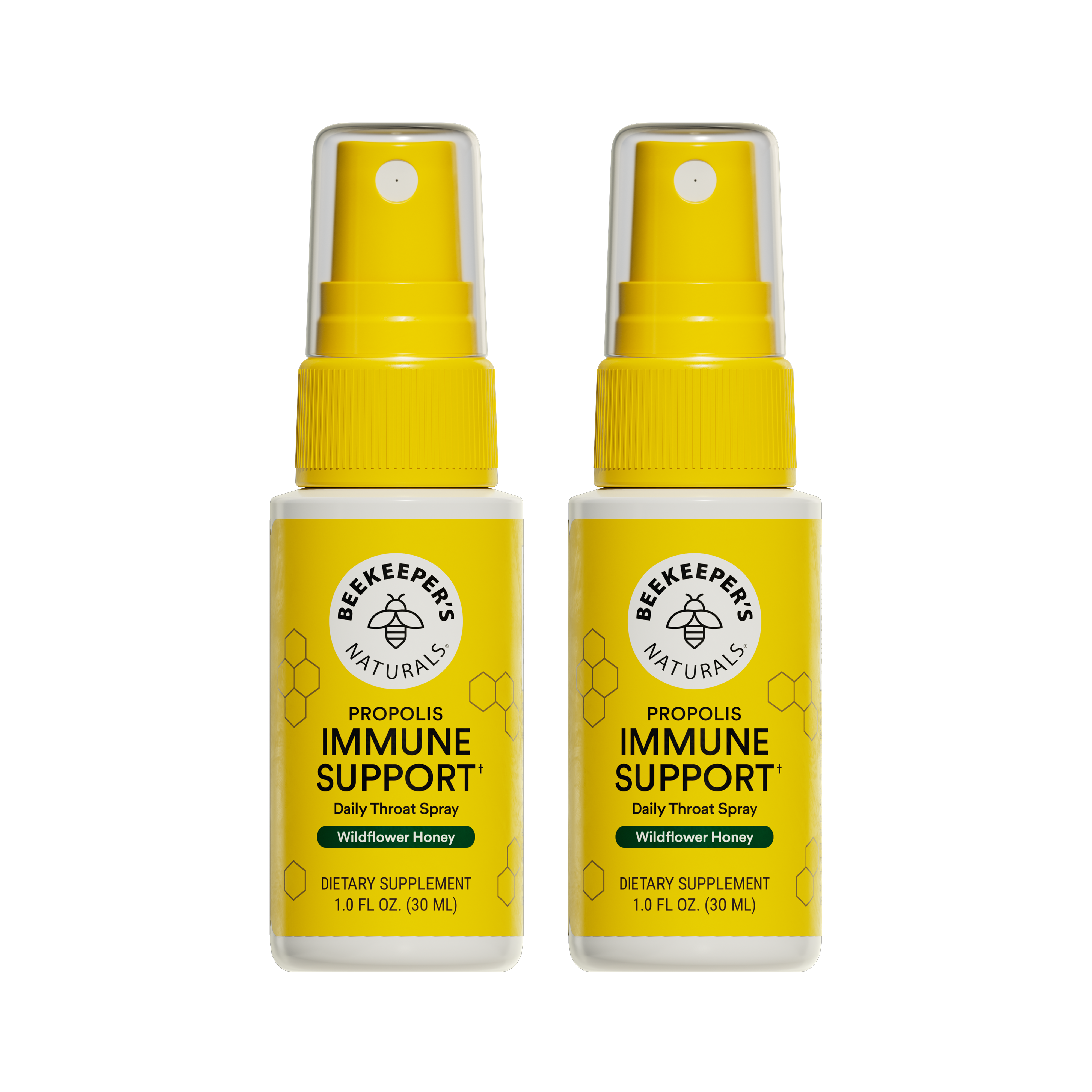 Two bottles of Beekeeper's Naturals Propolis Immune Support daily throat spray on a white background