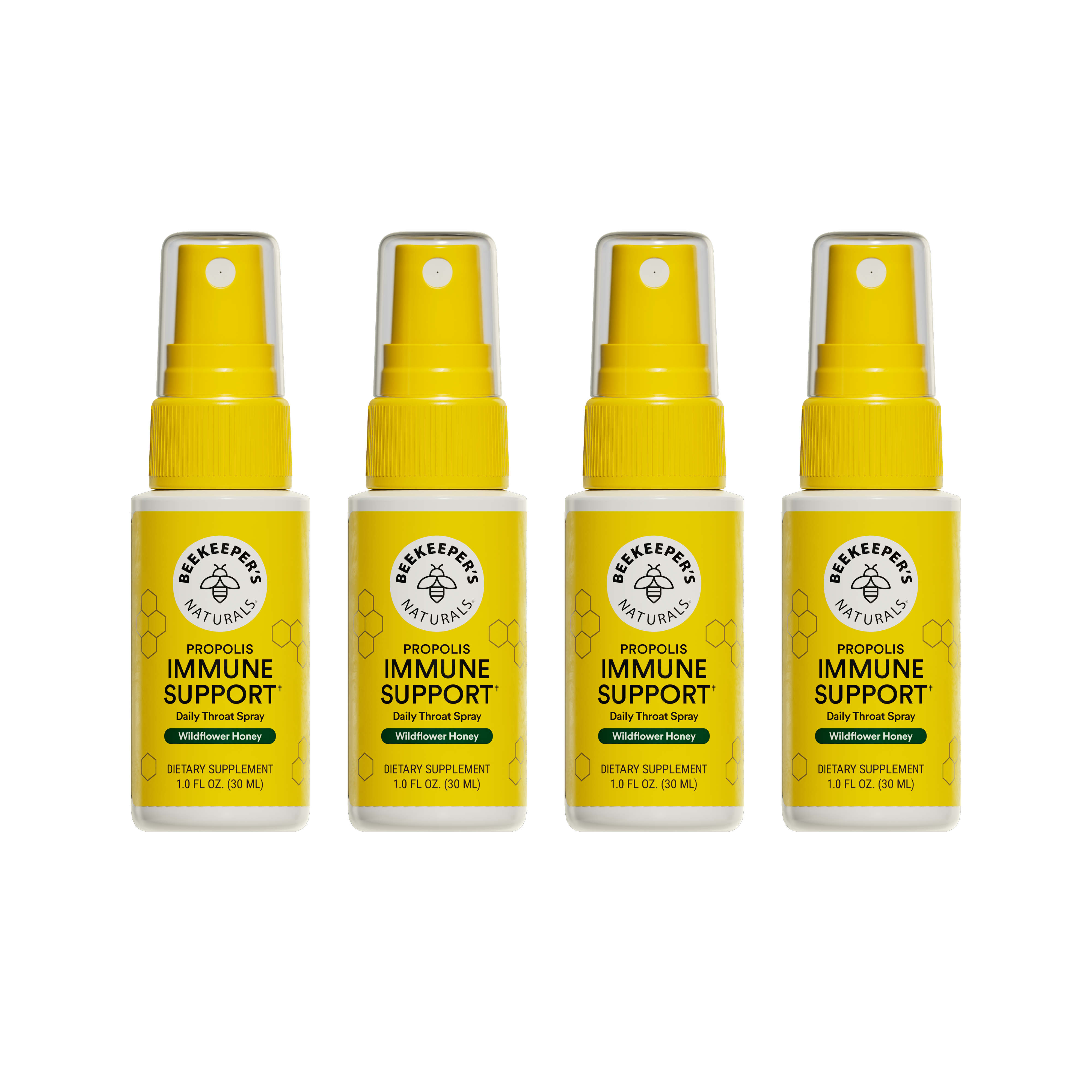 Four bottles of Beekeeper's Naturals Propolis Immune Support daily throat spray on a white background
