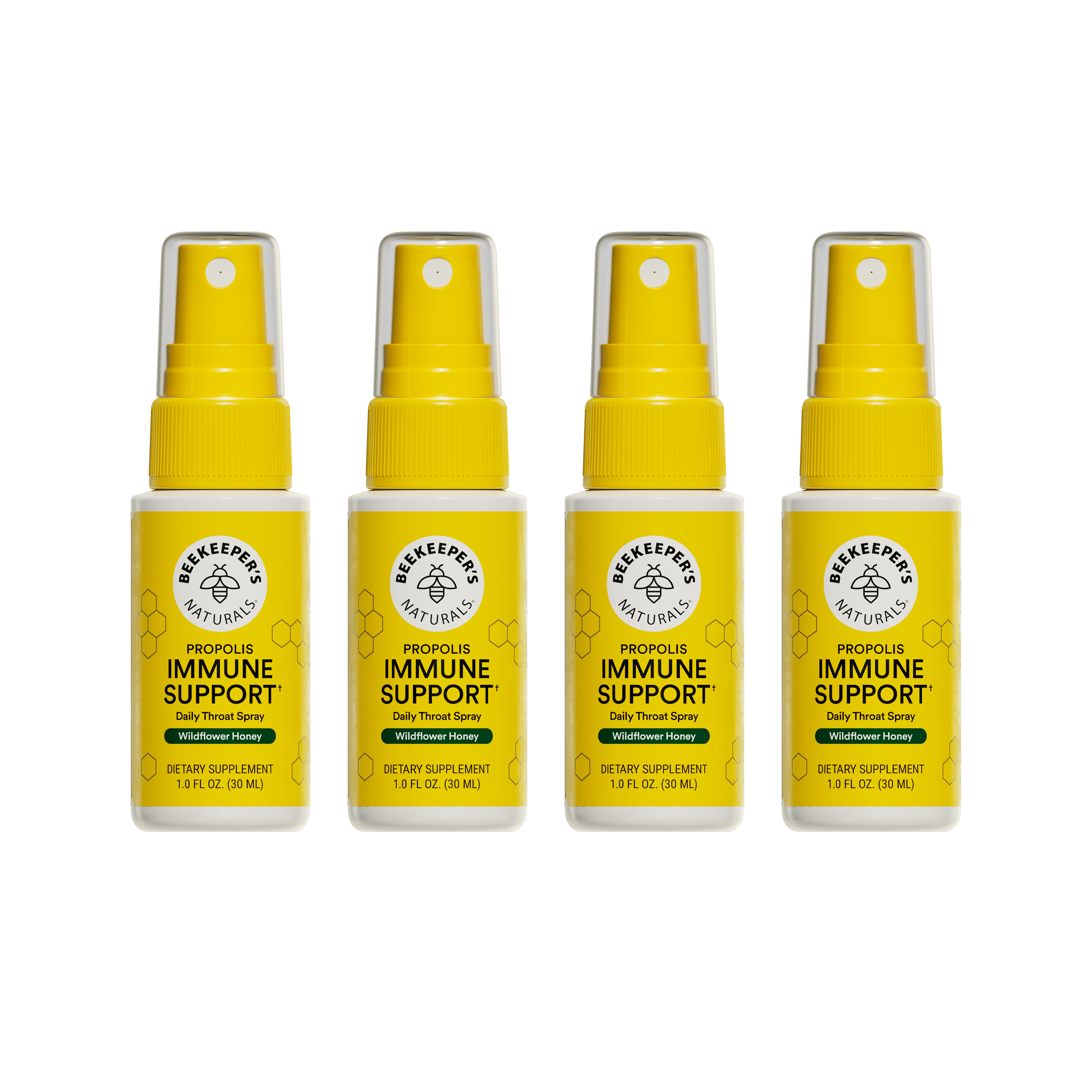 Four bottles of Beekeeper's Naturals Propolis Immune Support daily throat spray on a white background