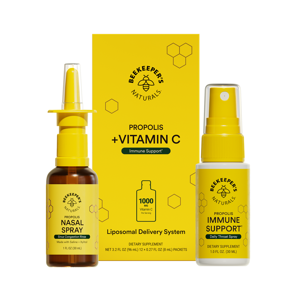 Beekeeper's Naturals propolis nasal spray, immune support spray, and packaging on a white background