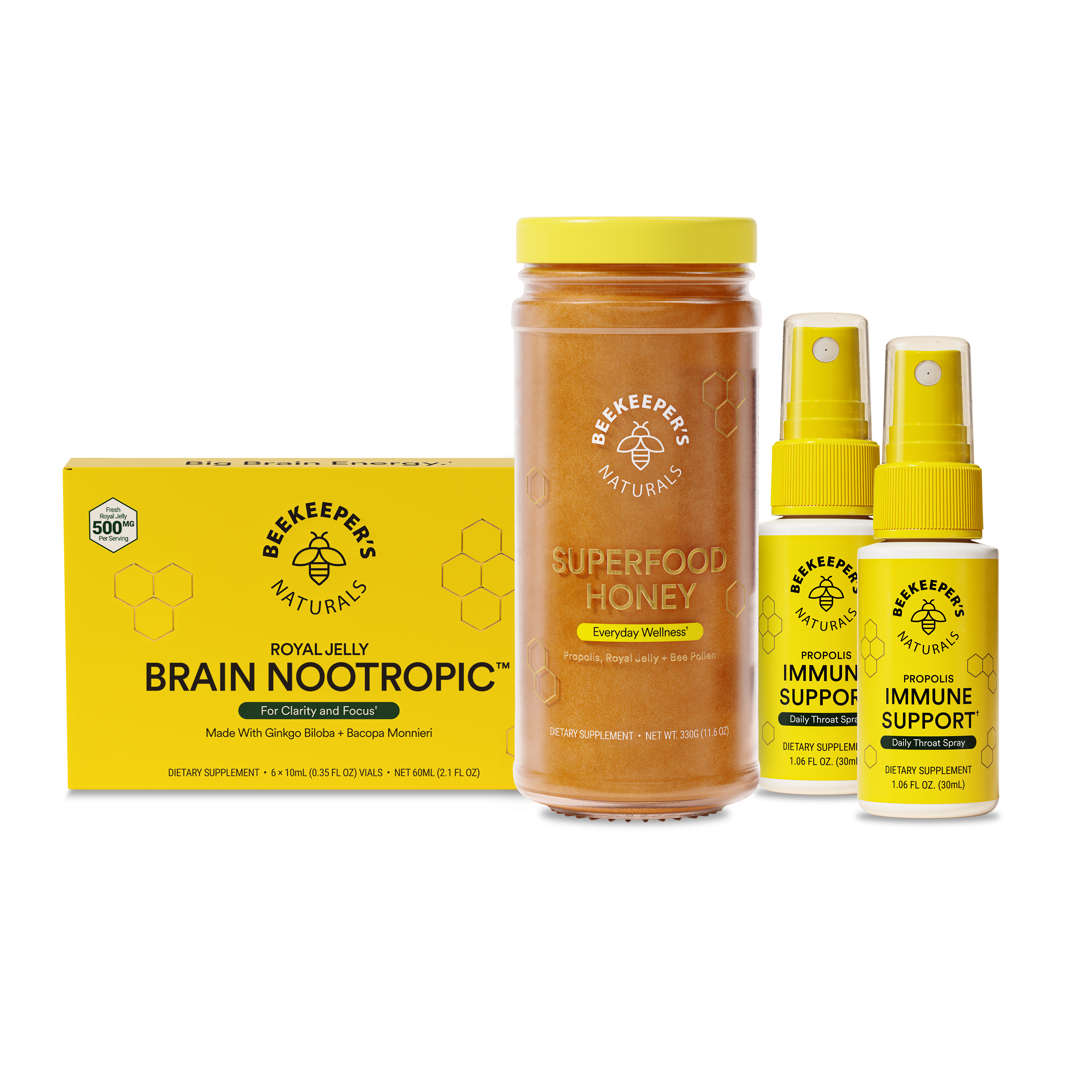 Beekeepers Naturals products including a jar of honey, a box of Brain Nootropic, and two bottles of Immune Support on a white background.