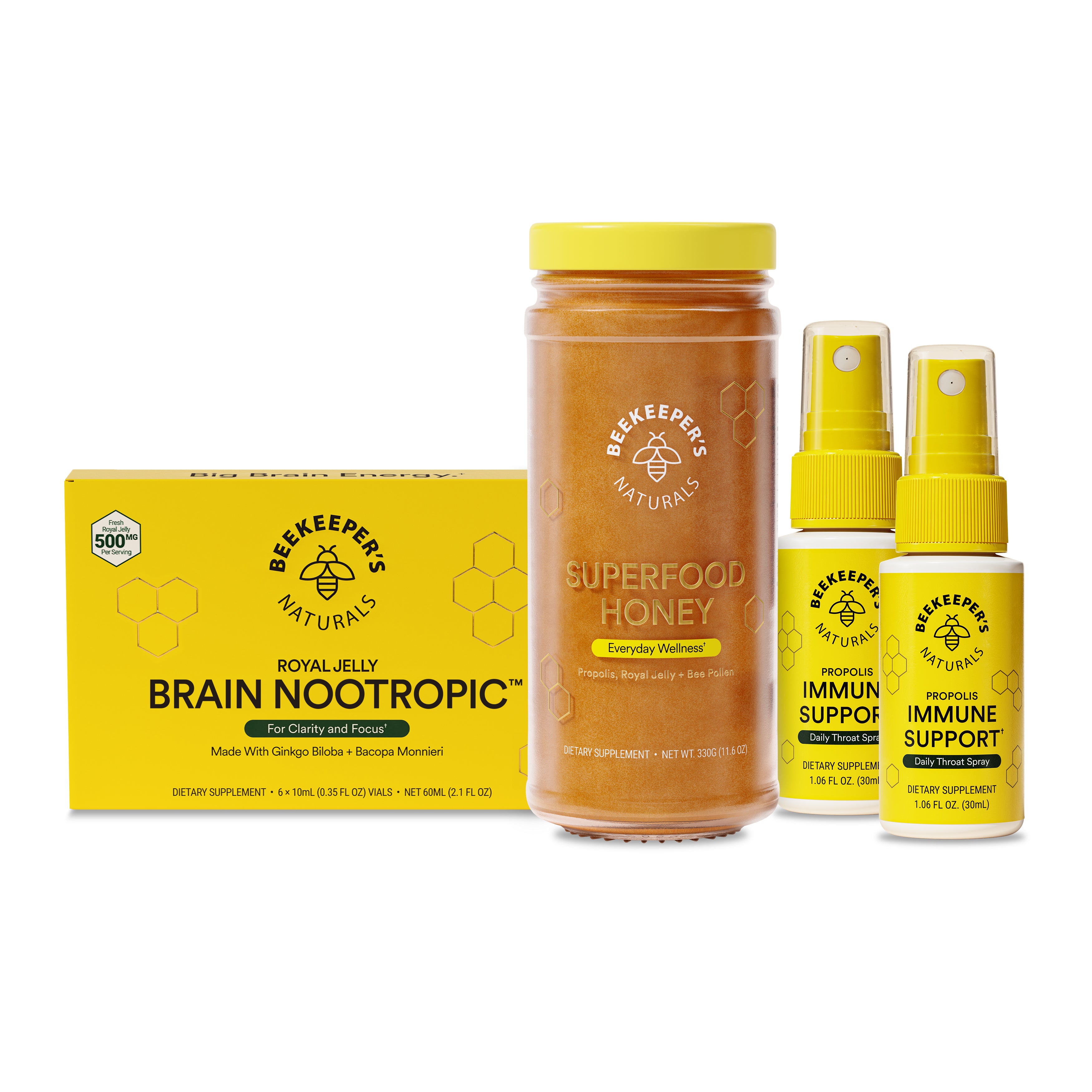 Beekeeper's Naturals Hive Pharmacy bundle. Features Brain Nootropic, Superfood Honey, and Propolis Immune Support.