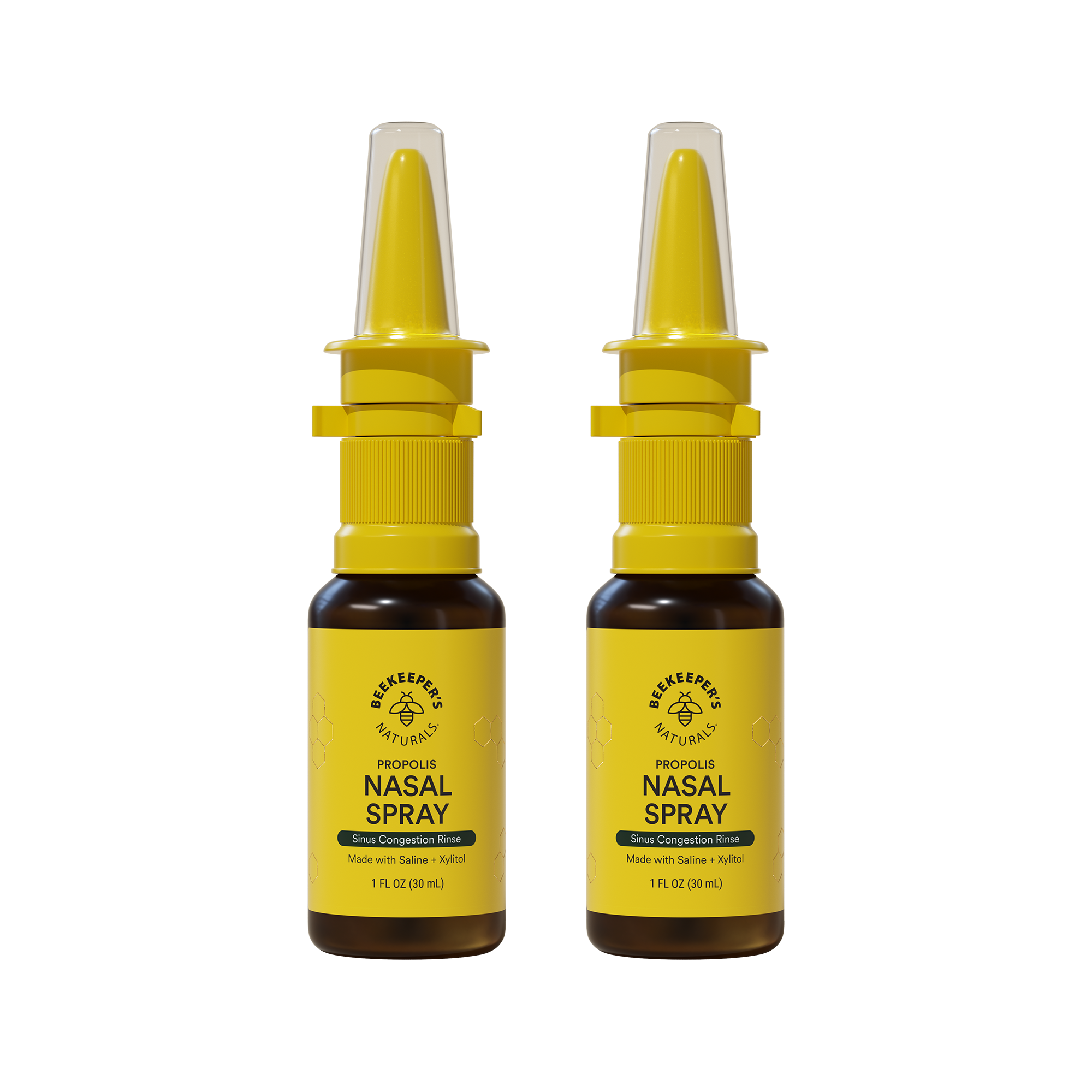 Two bottles of nasal spray with yellow labels on a white background