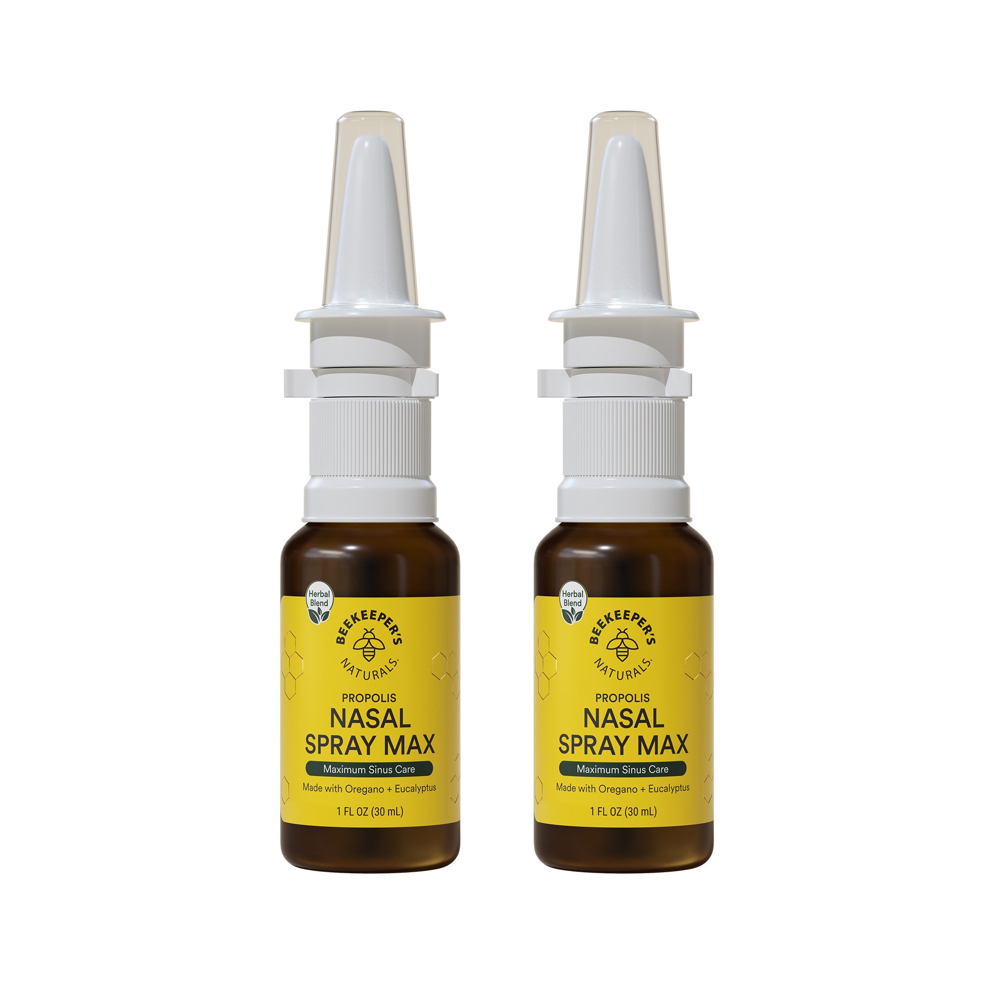 Two bottles of Beekeeper's Naturals Propolis Nasal Spray Max, providing maximum sinus care. Made with Oregano and Eucalyptus.