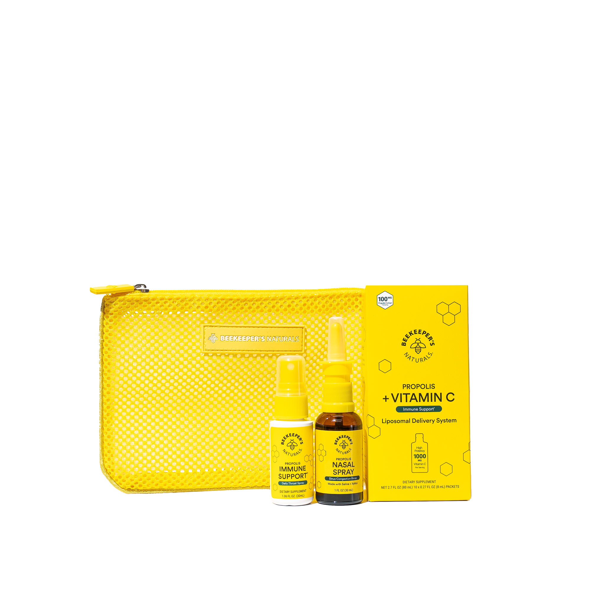 Beekeeper's Naturals Adult Travel Kit featuring Propolis throat spray, nasal spray, & vitamin C for immune support.