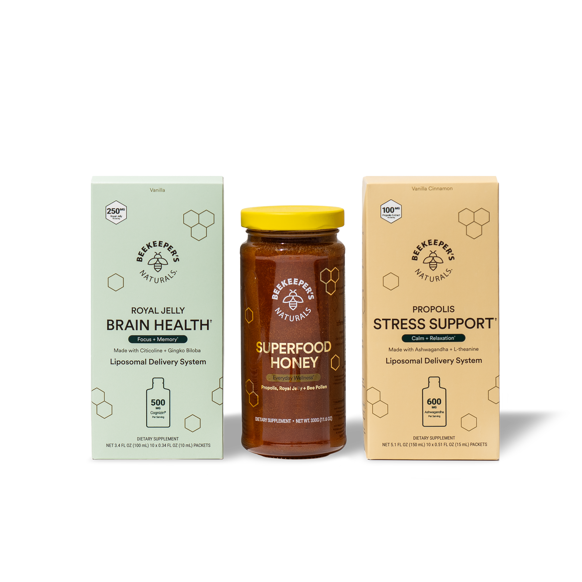 Three Beekeeper's Naturals products on a white background