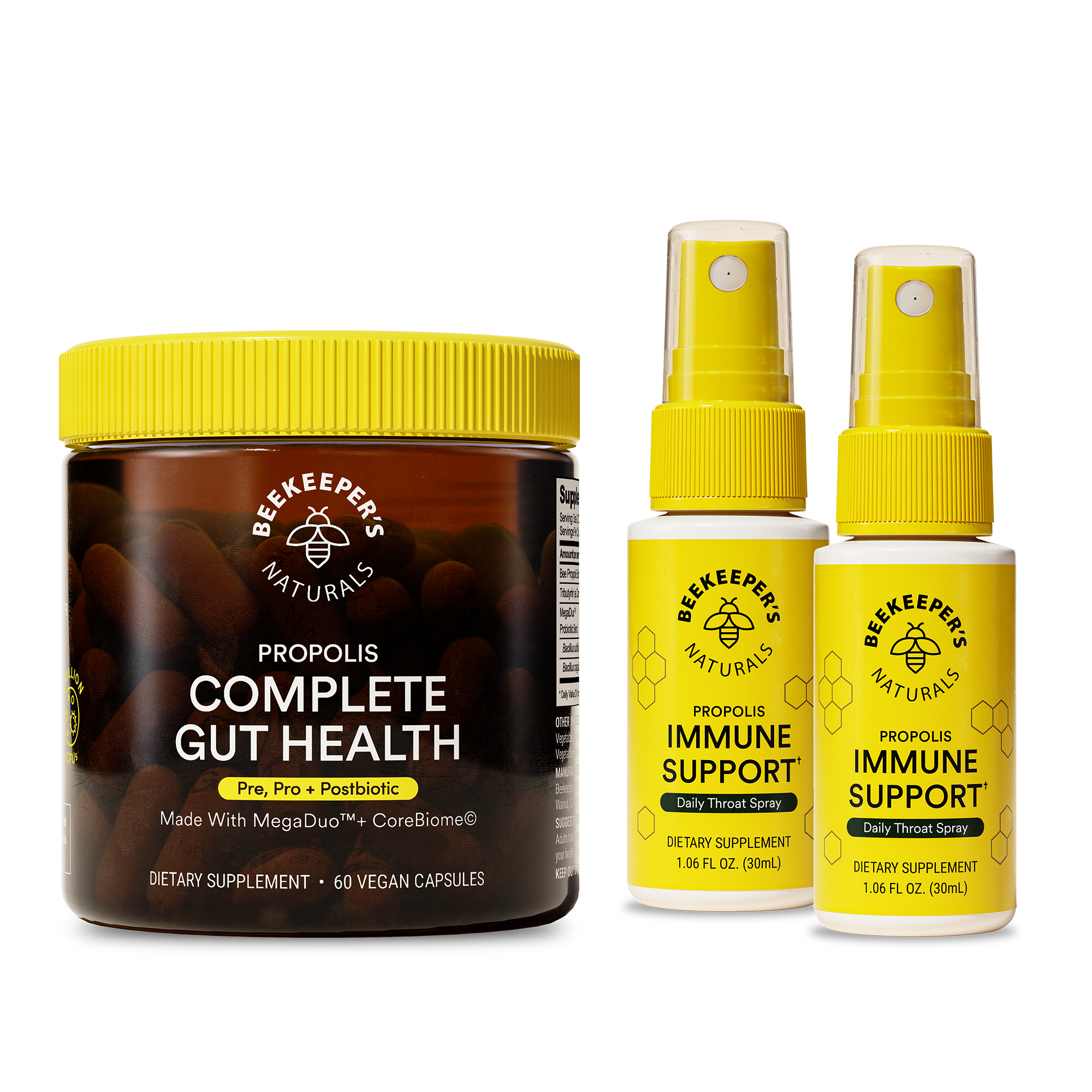 Supplement products including a jar and two spray bottles with yellow caps on a white background.