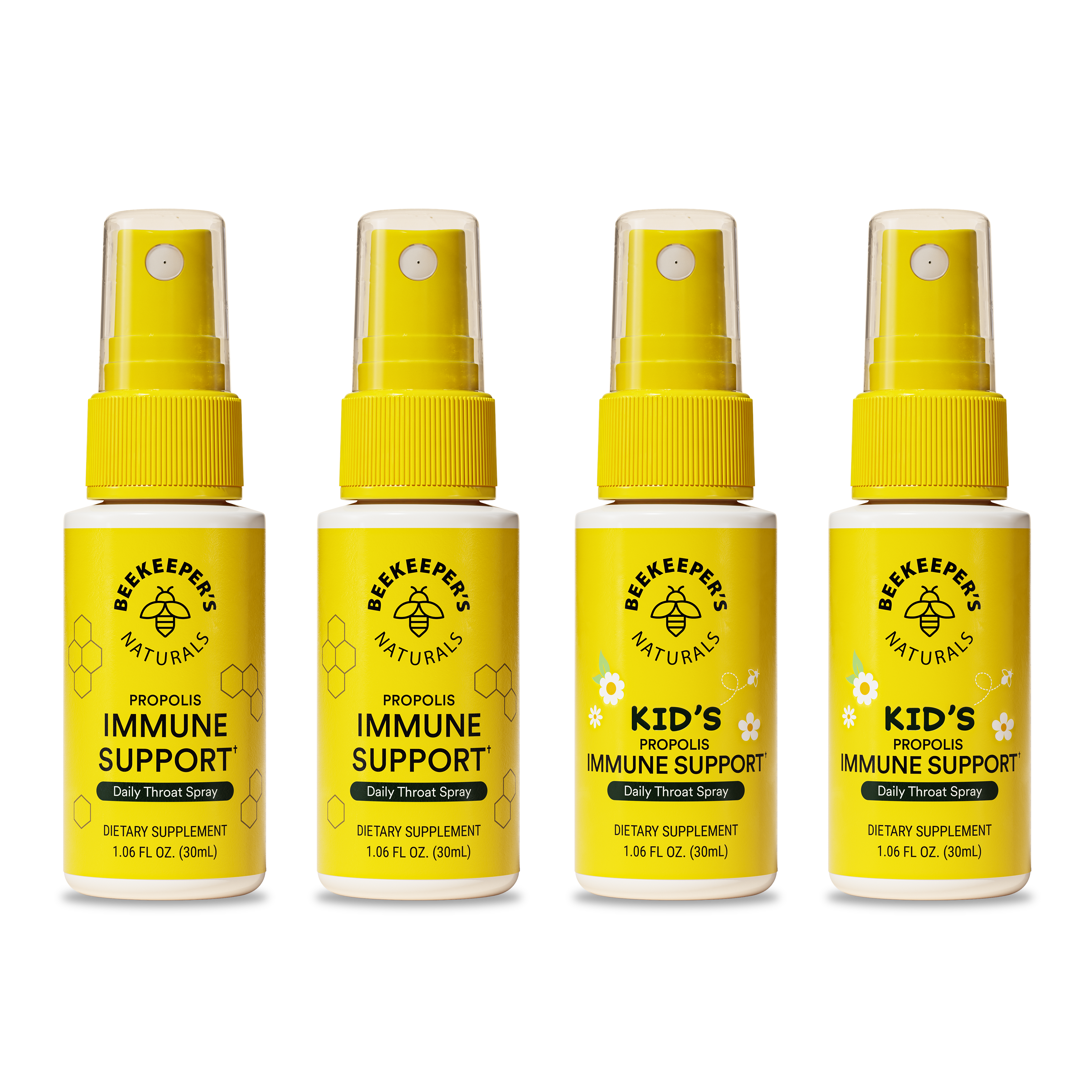 Four yellow bottles of Beekeeper's Naturals immune support products on a white background