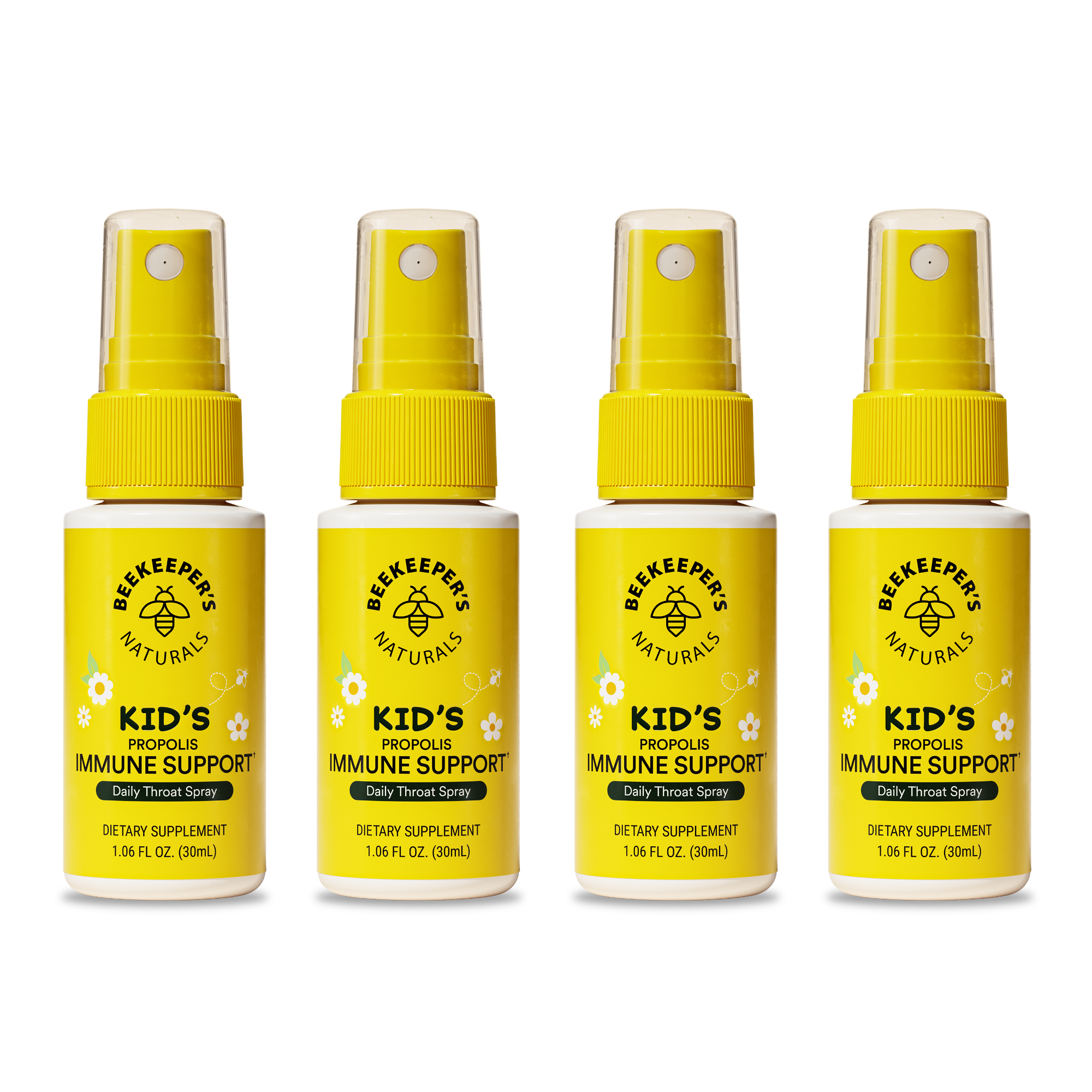 Four bottles of Beekeeper's Naturals Kid's Propolis Immune Support spray on a white background