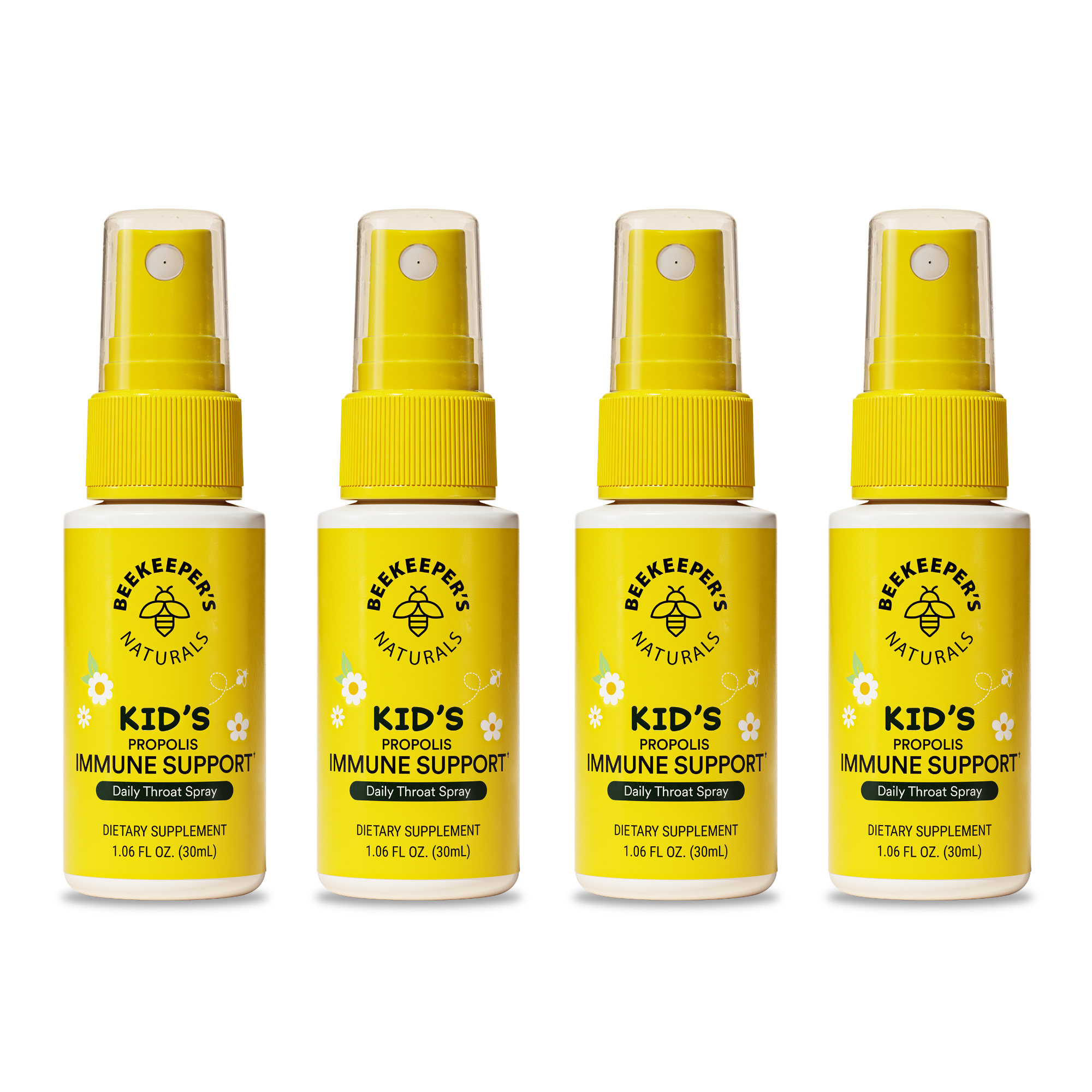 Four bottles of Beekeeper's Naturals Kids Propolis Throat Spray for immune support, a dietary supplement.