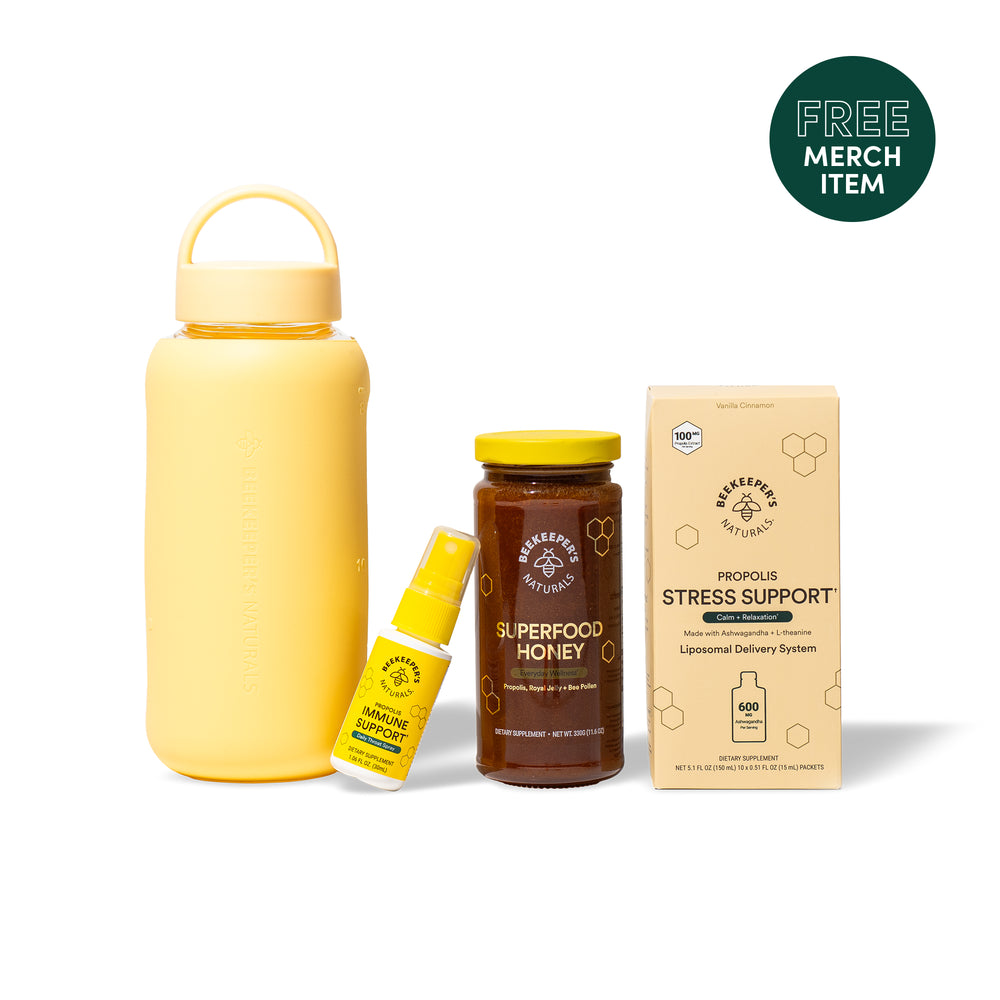 Busy Parent Bundle featuring Beekeeper's Naturals: Immune Support spray, Superfood Honey, Stress Support, & a free water