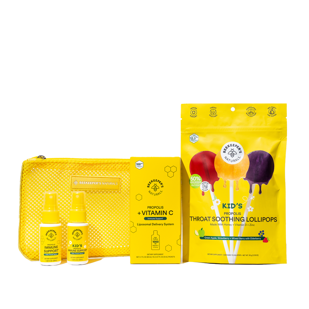 Beekeeper's Naturals Family Travel Kit featuring Propolis throat soothing lollipops, Immune Support spray and Vitamin C
