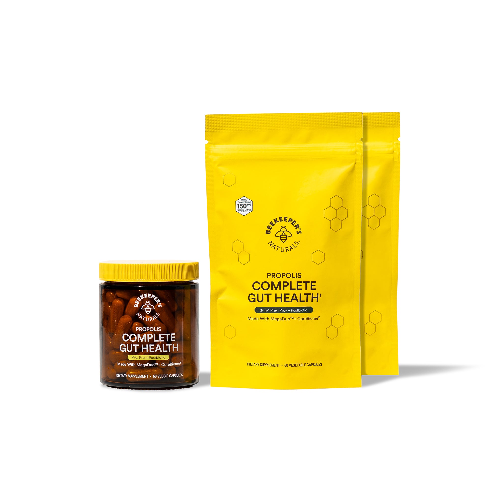 Beekeeper's Naturals 3-in-1 Complete Gut Health capsules and supplement packs. Propolis, pre-, pro- & postbiotics for gut