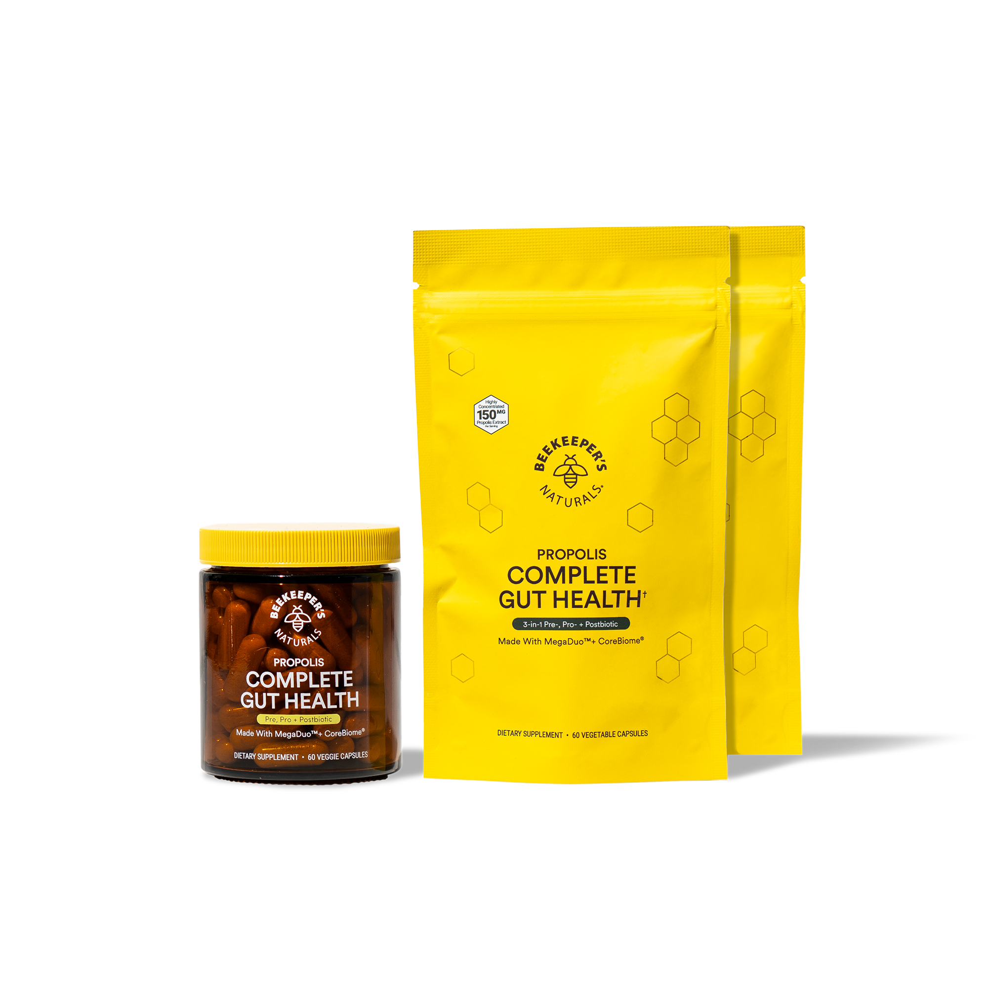 Two yellow packages of Bee & Honey Naturals Complete Gut Health on a white background