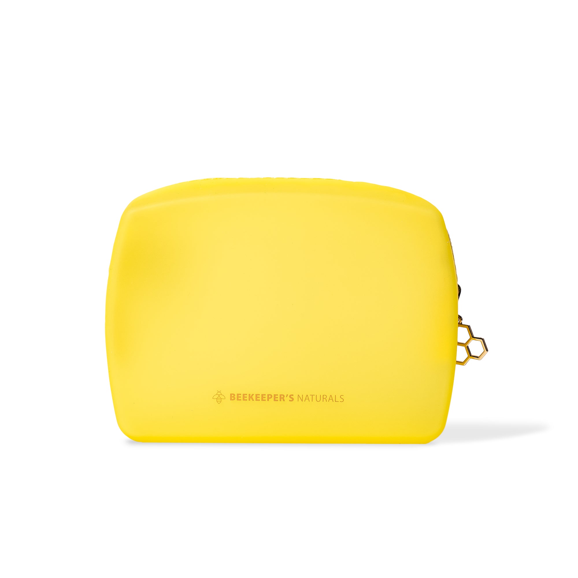 Yellow Jelly Pouch by Beekeeper's Naturals. Zippered cosmetic bag featuring the brand's logo & honeycomb charm. Perfect for