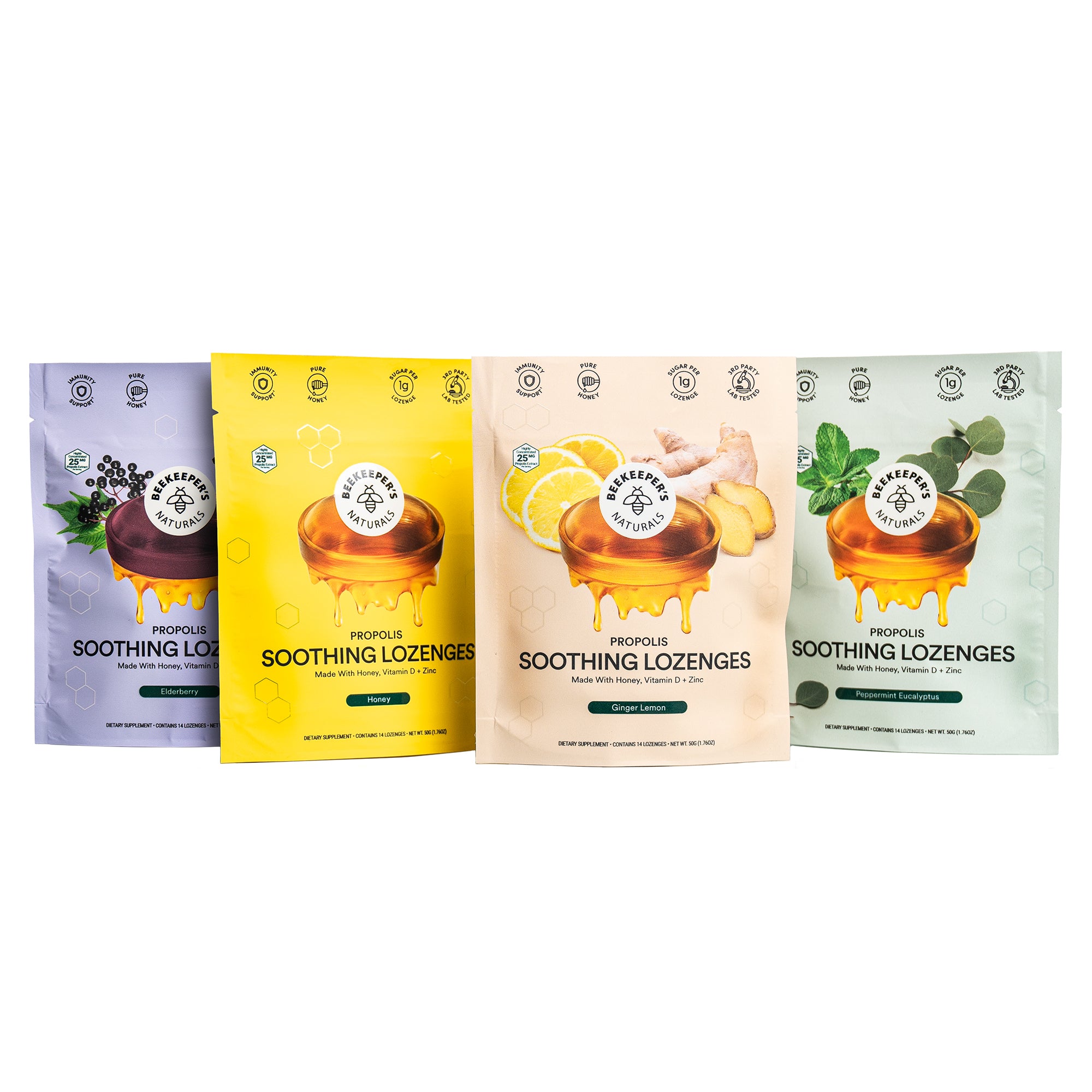 Beekeeper's Naturals Soothing Lozenges Functional Flavor Pack: Four flavors including honey, ginger lemon, & elderberry.