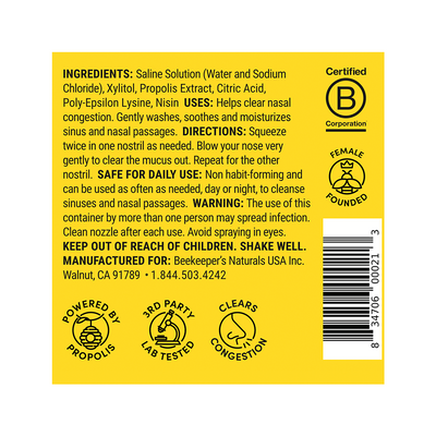Nasal spray ingredients and usage instructions: saline solution, propolis extract. Clears congestion. Certified B Corp,