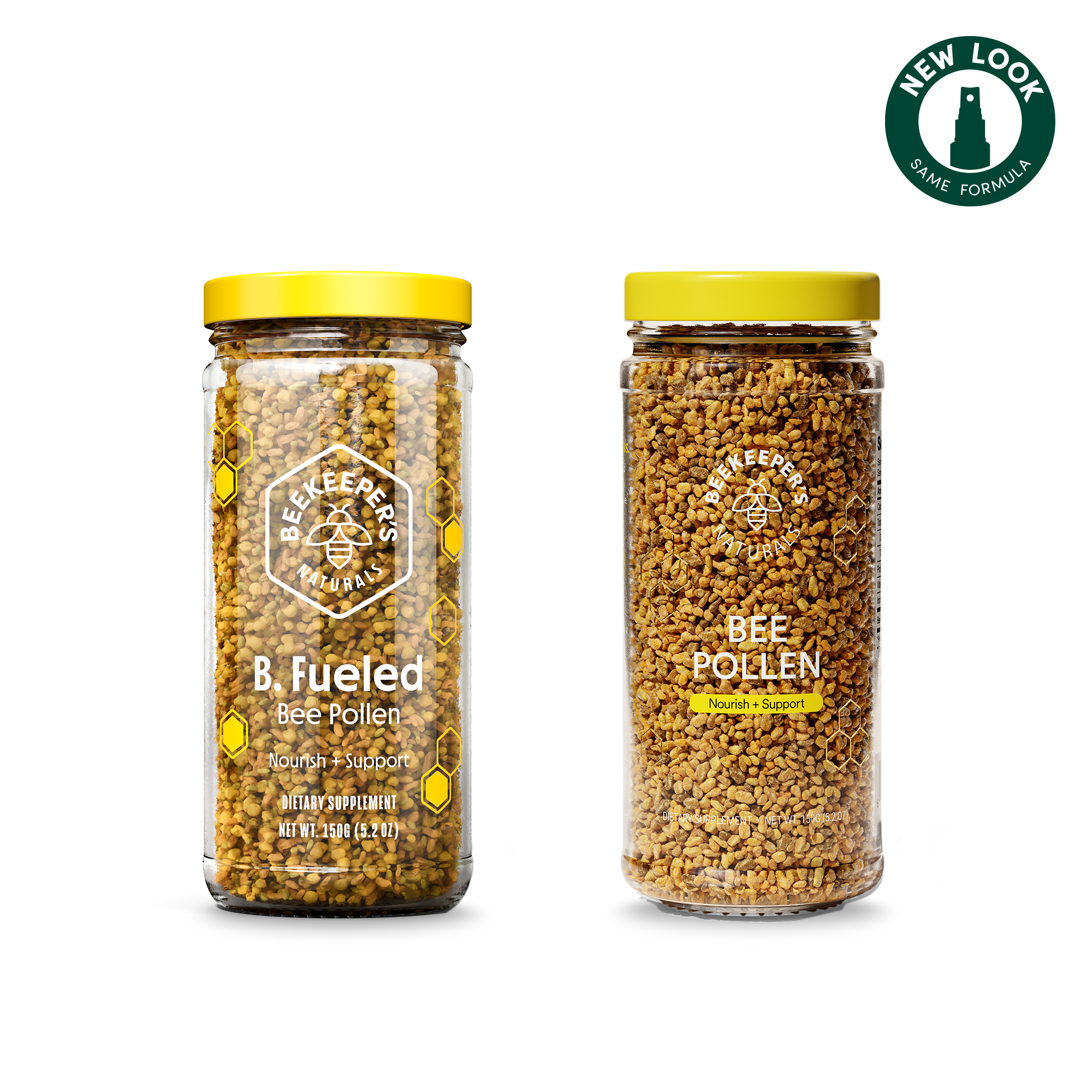 Bee Pollen supplement: Two jars of Beekeeper's Naturals bee pollen, showing "New Look, Same Formula," dietary supplement.