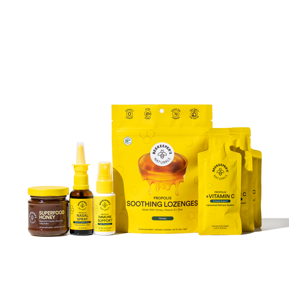 Beekeeper's Naturals Best Seller Starter Kit, featuring propolis lozenges, honey, nasal spray & vitamin C supplements.