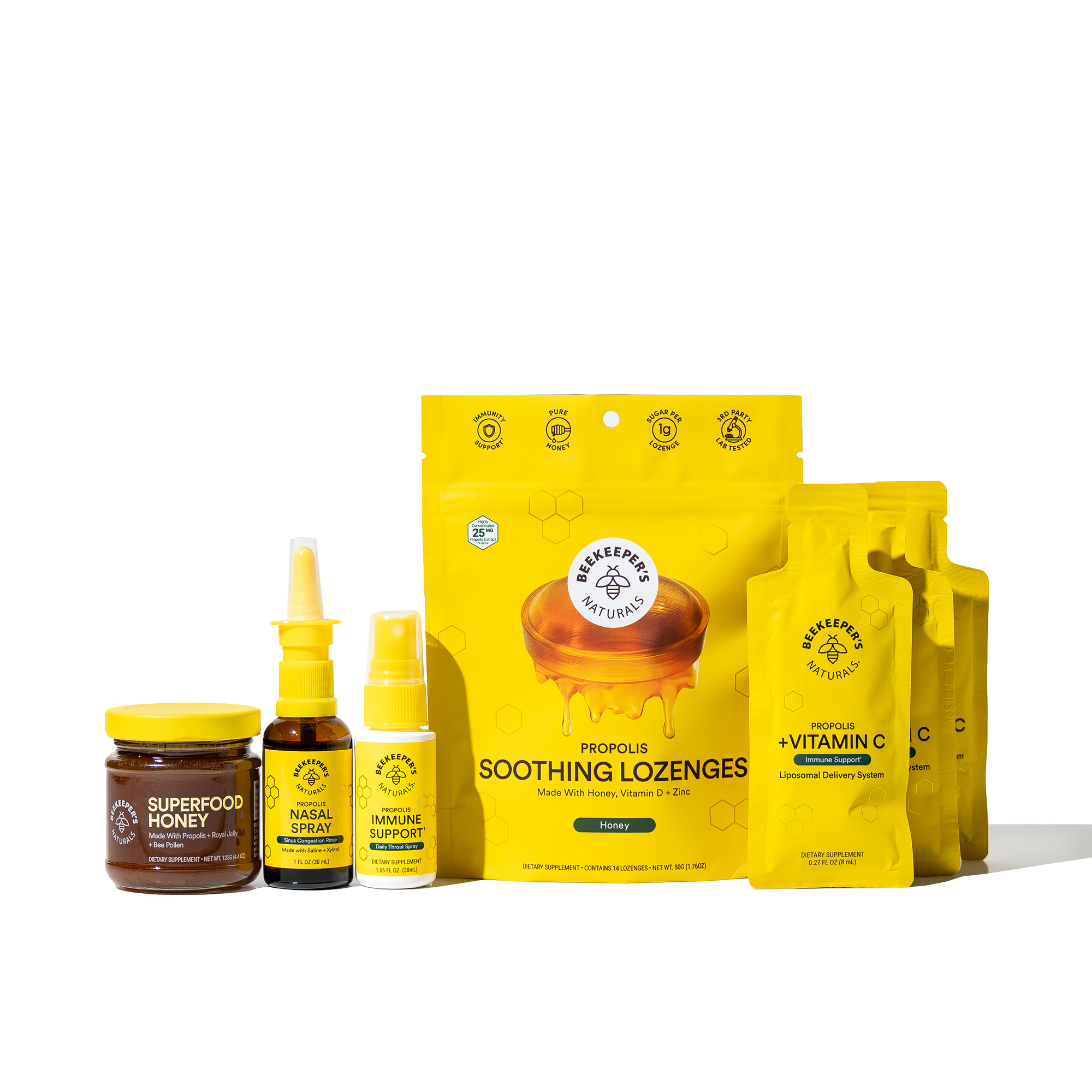 Beekeeper's Naturals Best Seller Starter Kit, featuring propolis lozenges, honey, nasal spray & vitamin C supplements.