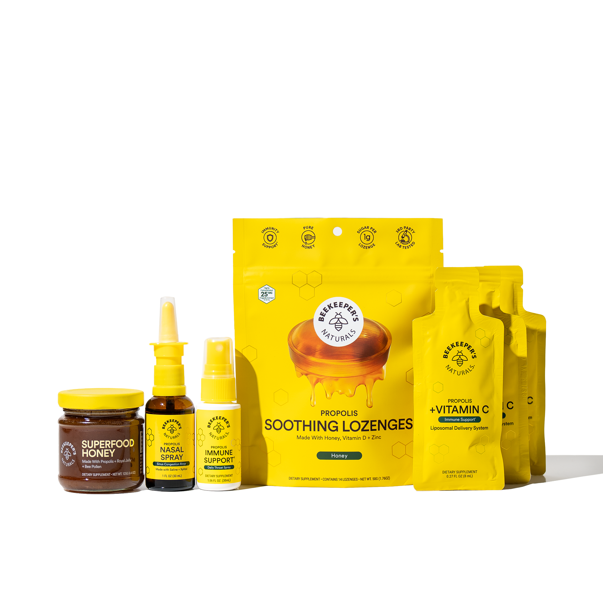 Beekeeper's Naturals Best Seller Starter Kit, including honey, nasal spray, lozenges and propolis + Vitamin C supplement.