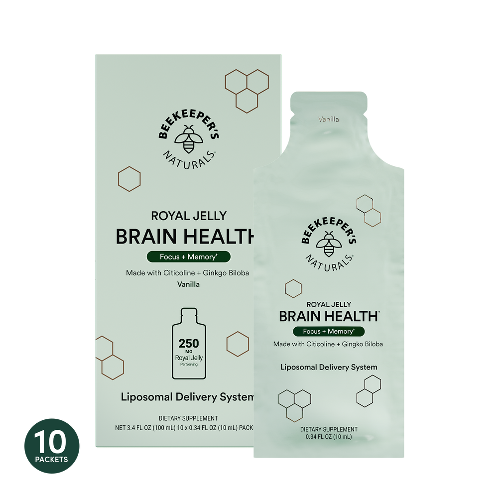 A box of Beekeeper's Naturals Royal Jelly Brain Health Liposomal, with 10 sachets, in natural vanilla flavor.