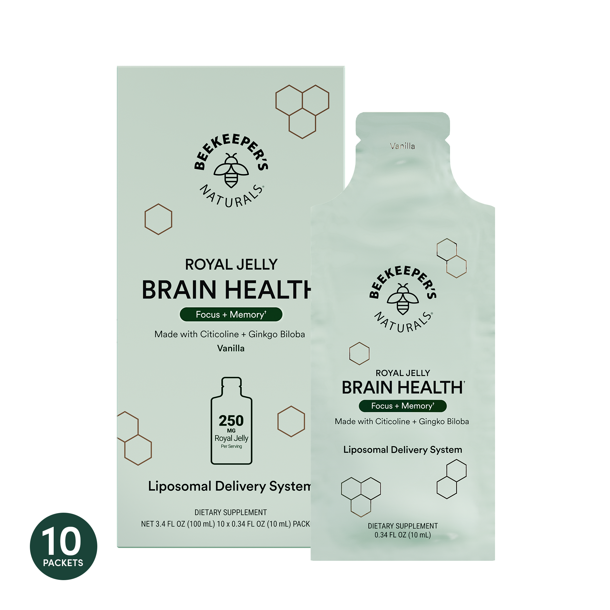 A box of Beekeeper's Naturals Royal Jelly Brain Health Liposomal, with 10 sachets, in natural vanilla flavor.