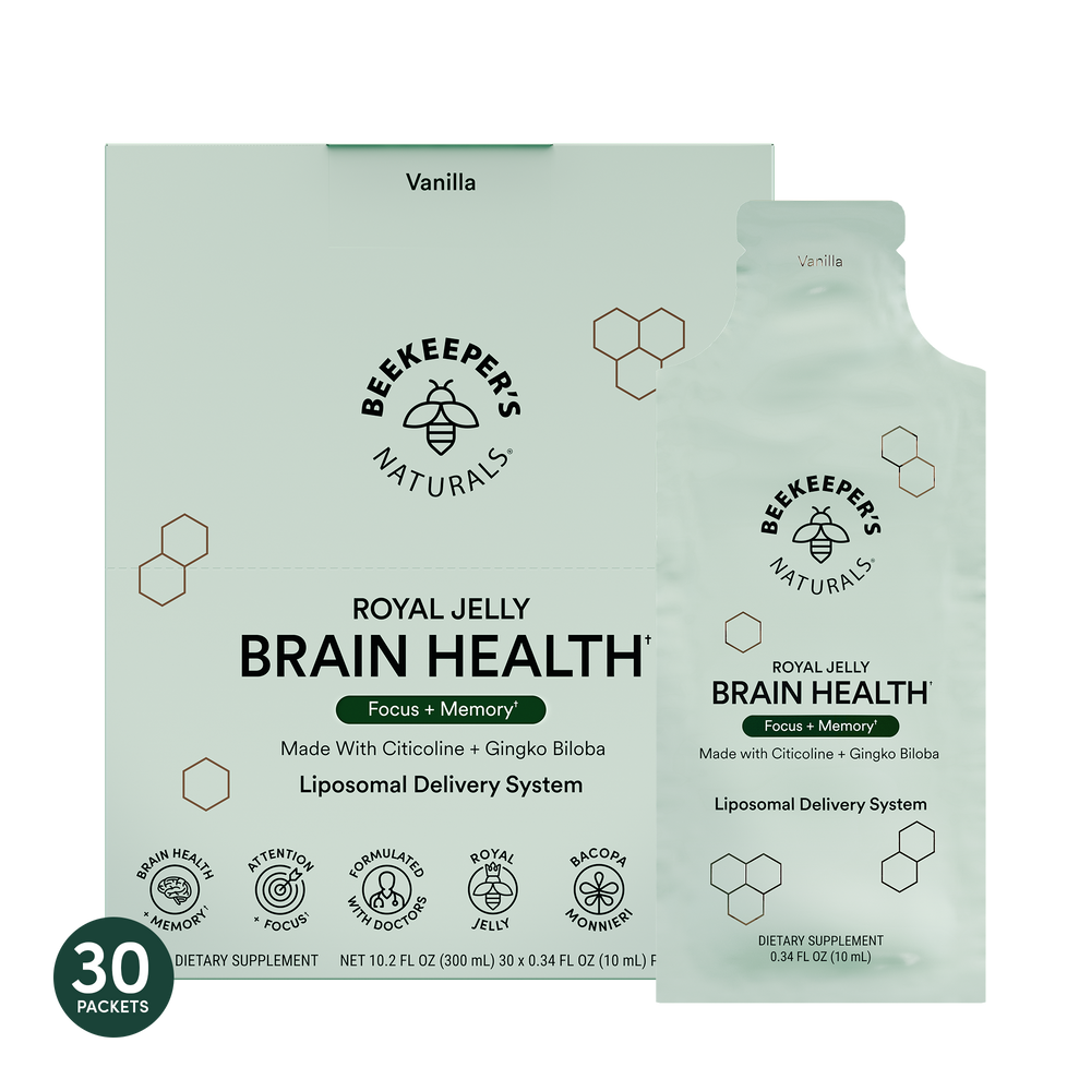 Packaging for Beekeeper's Naturals Royal Jelly Brain Health supplement in liposomal form, with 30 sachets flavored with vanilla. The box is predominantly white with green accents and information text.
