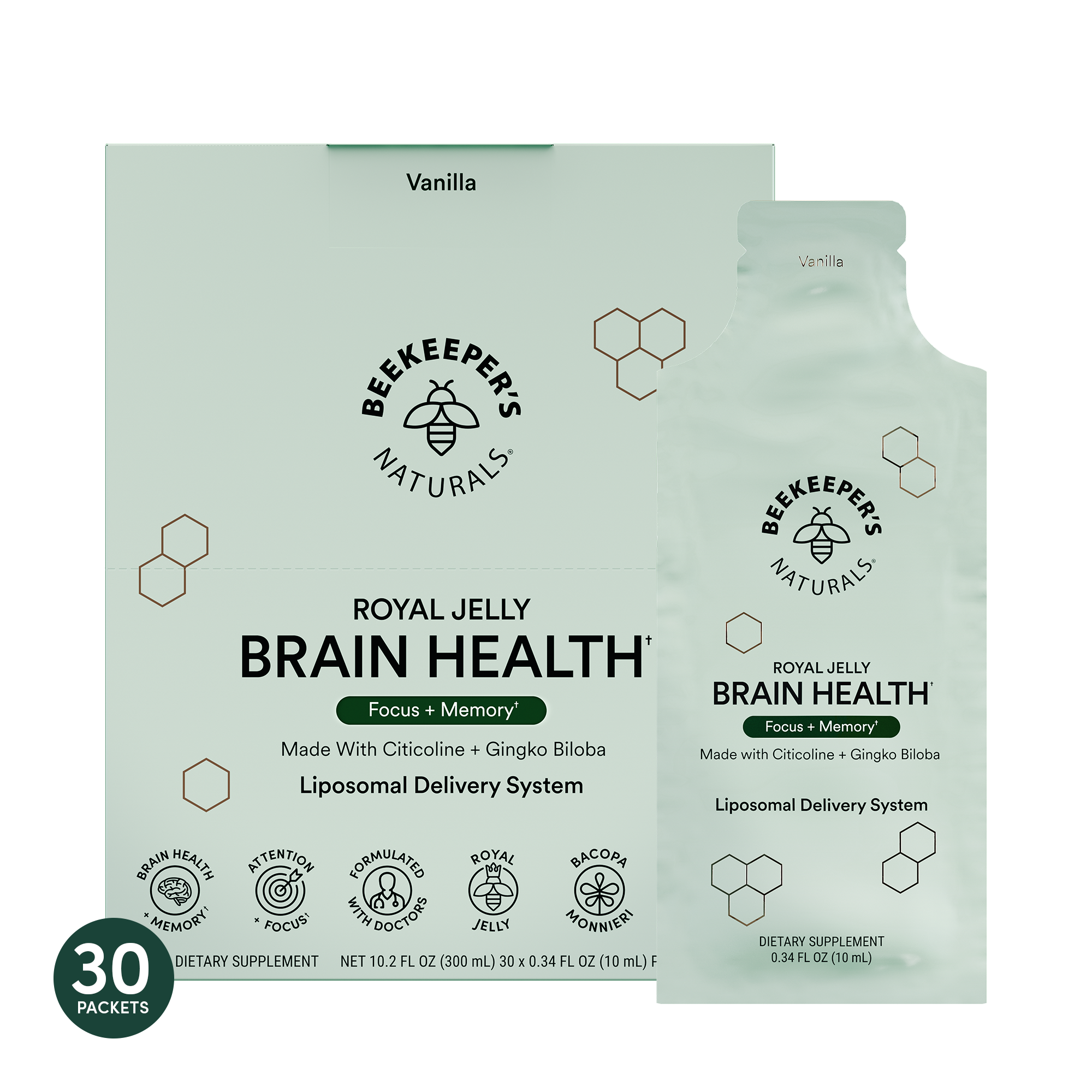 Packaging for Beekeeper's Naturals Royal Jelly Brain Health supplement in liposomal form, with 30 sachets flavored with vanilla. The box is predominantly white with green accents and information text.