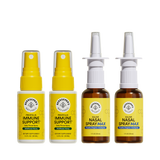 Four bottles of Beekeeper's Naturals immune support and nasal spray products on a white background