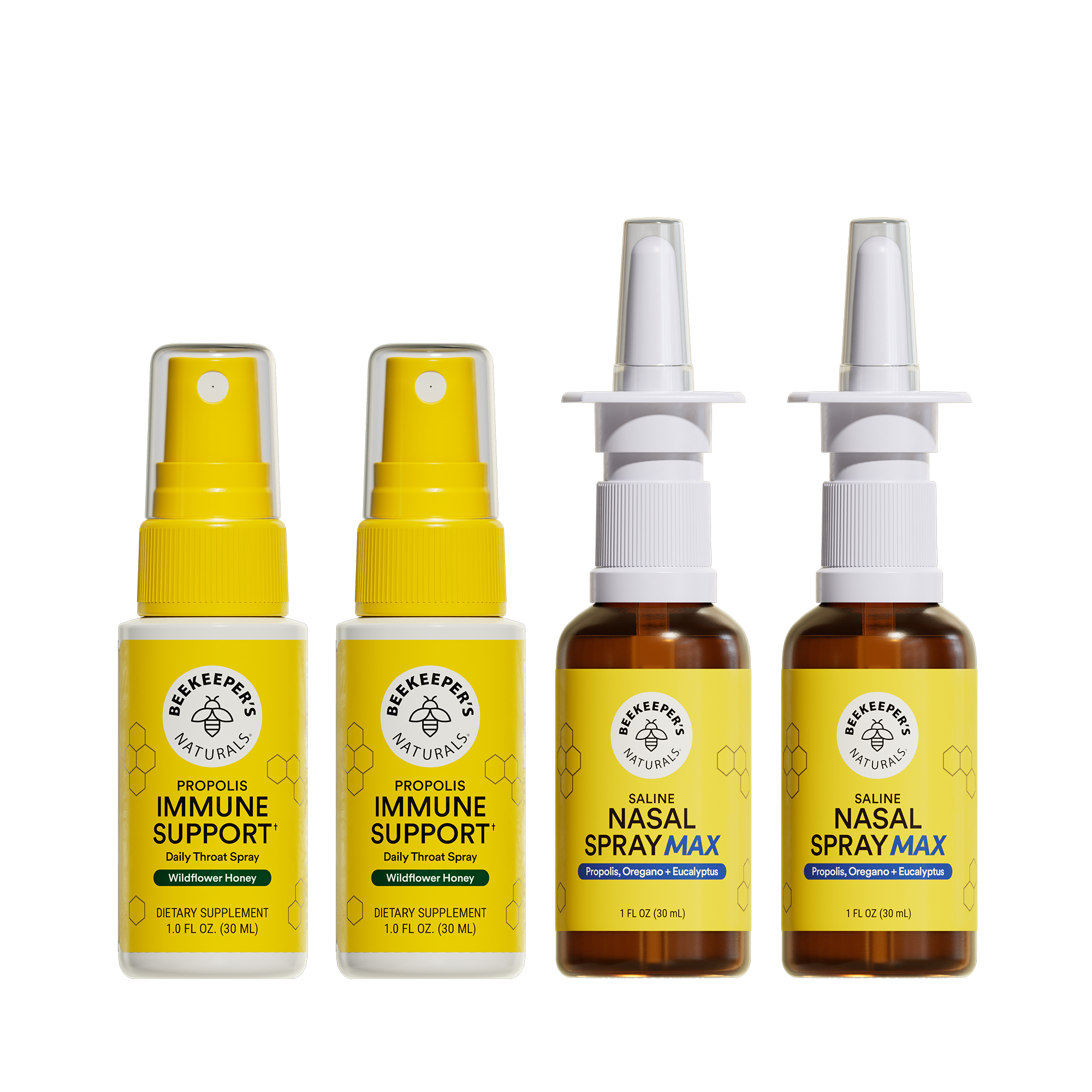 Four bottles of Beekeeper's Naturals immune support and nasal spray products on a white background