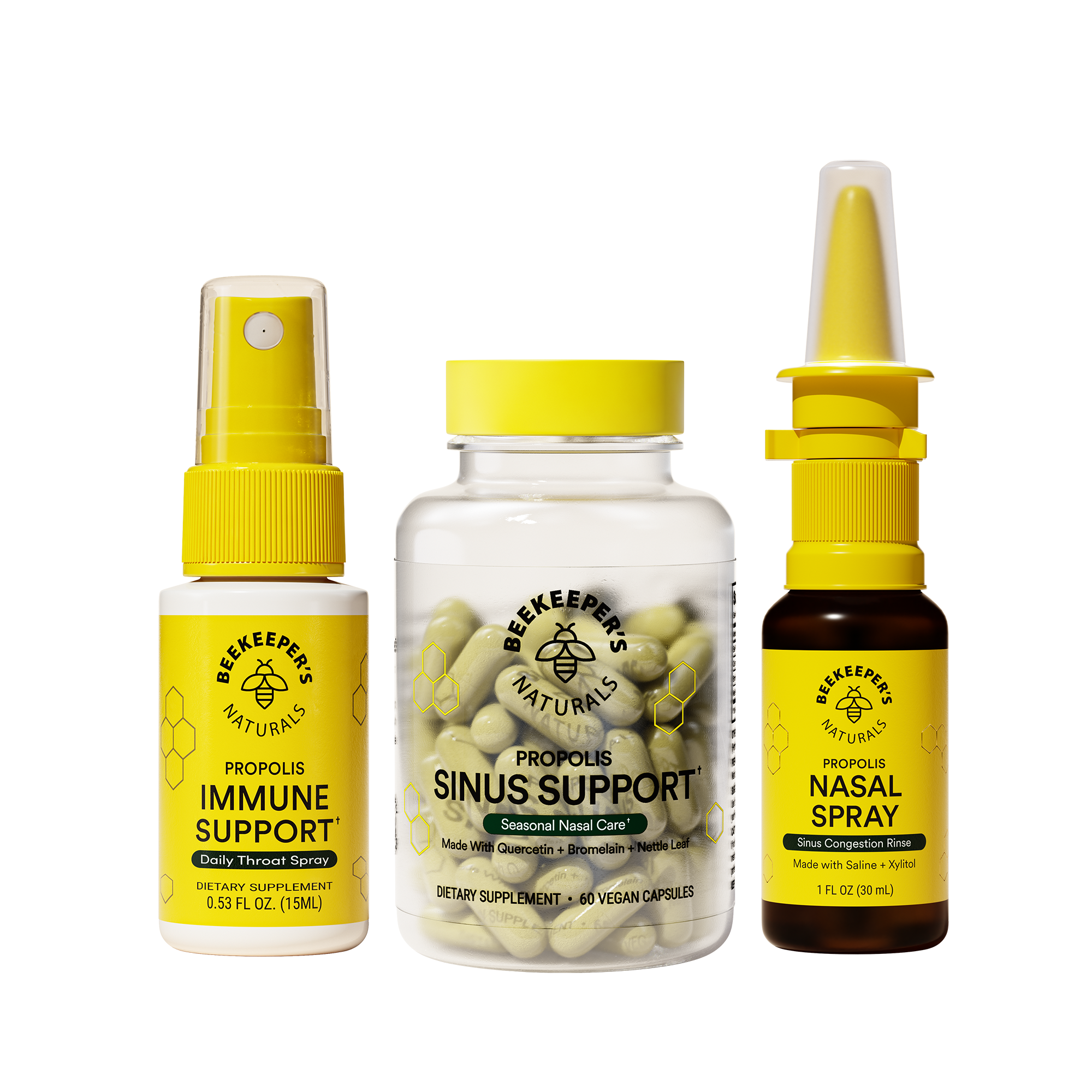 Beekeeper's Naturals "Breathing Room" set: Propolis immune support throat spray, sinus support capsules, & nasal spray.