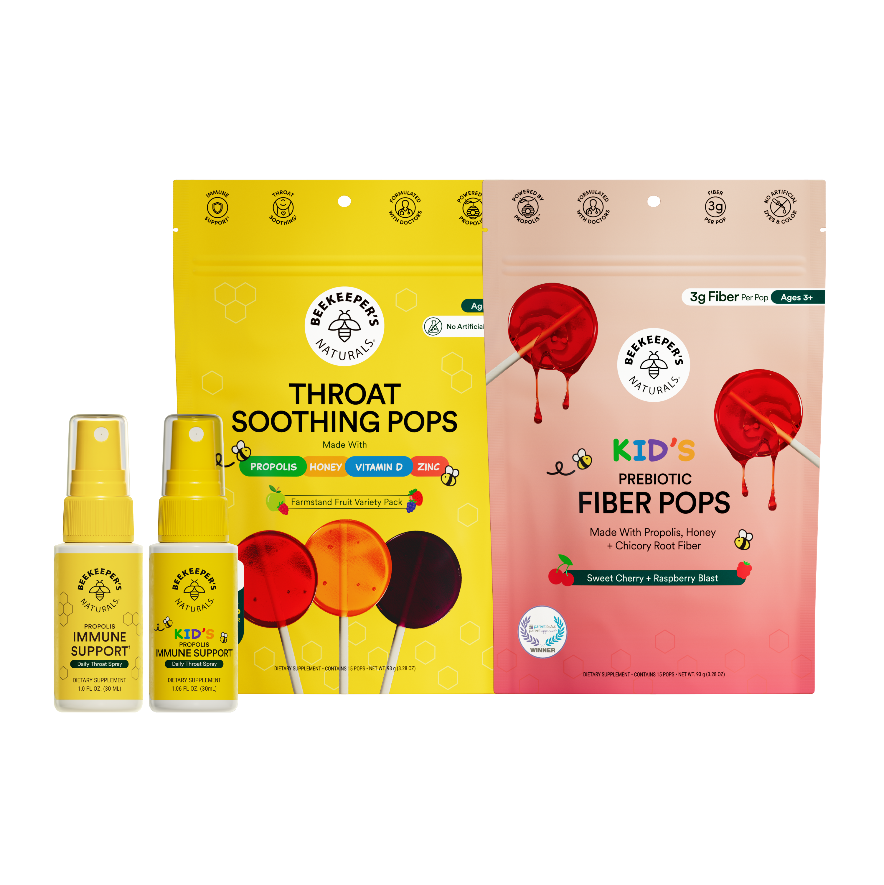 Beekeeper's Naturals Back-to-School Family Bundle: Propolis immune support sprays and throat soothing pops for kids, plus