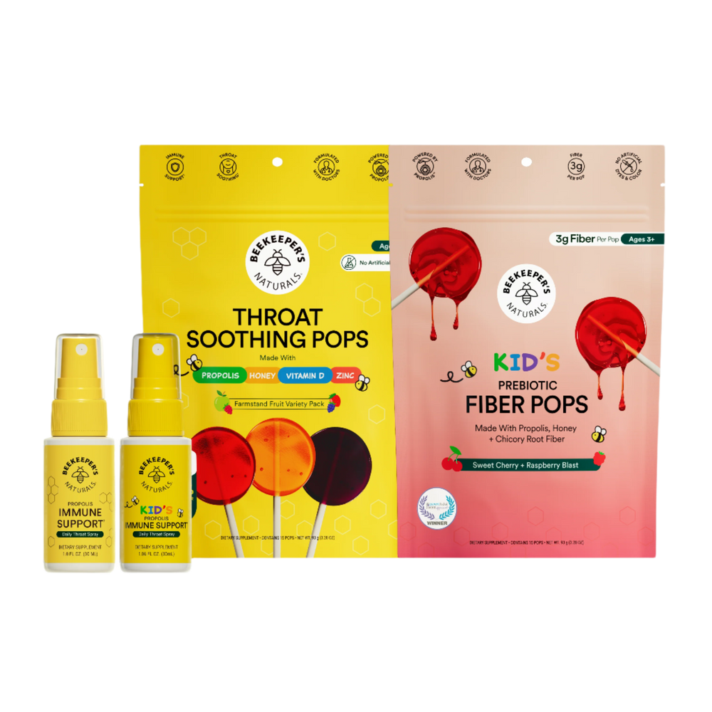 Beekeeper's Naturals Back-to-School Bundle: Immune Support sprays & throat, prebiotic fiber pops for kids. Family health