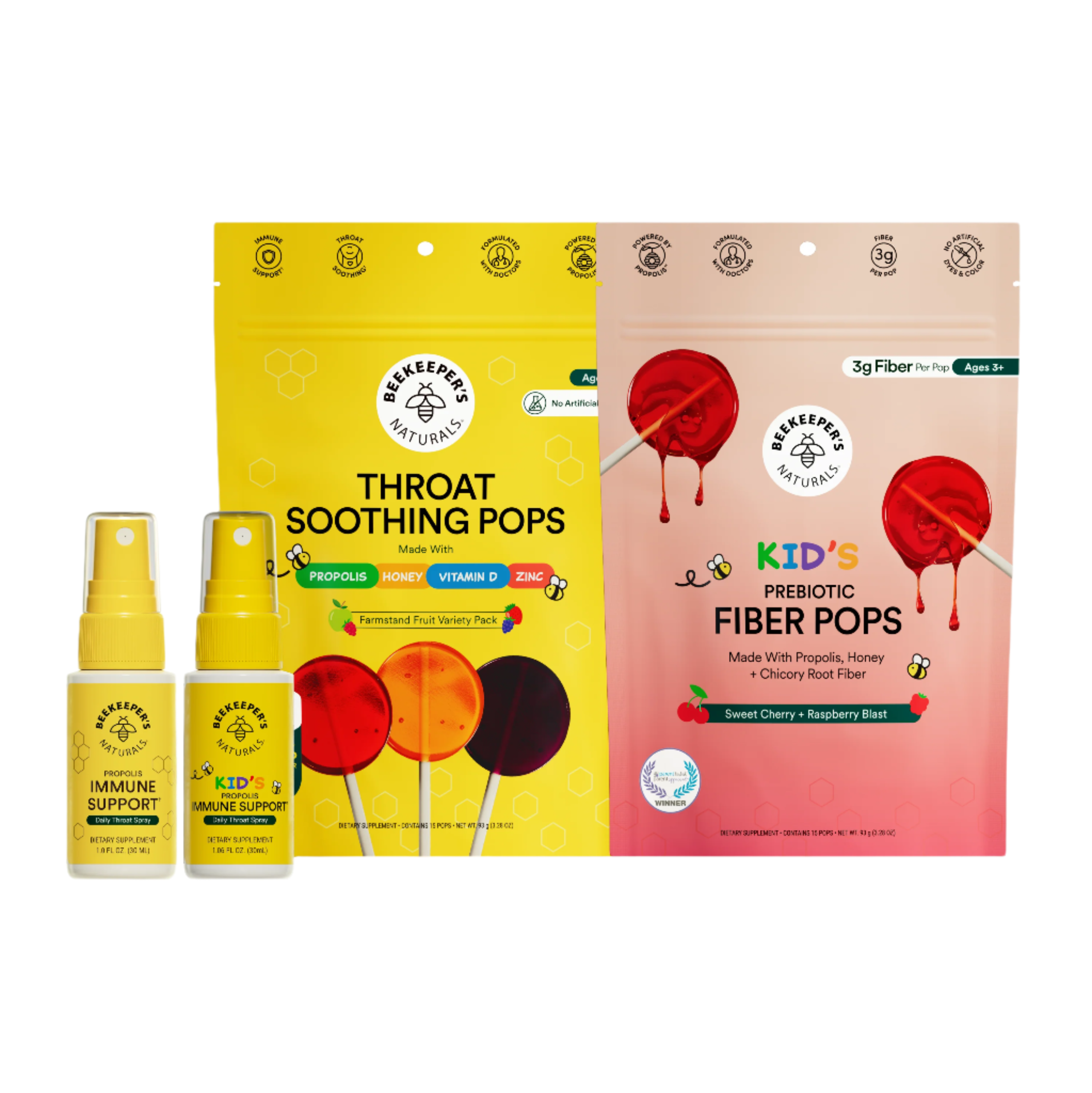 Beekeeper's Naturals Back-to-School Bundle: Immune Support sprays & throat, prebiotic fiber pops for kids. Family health