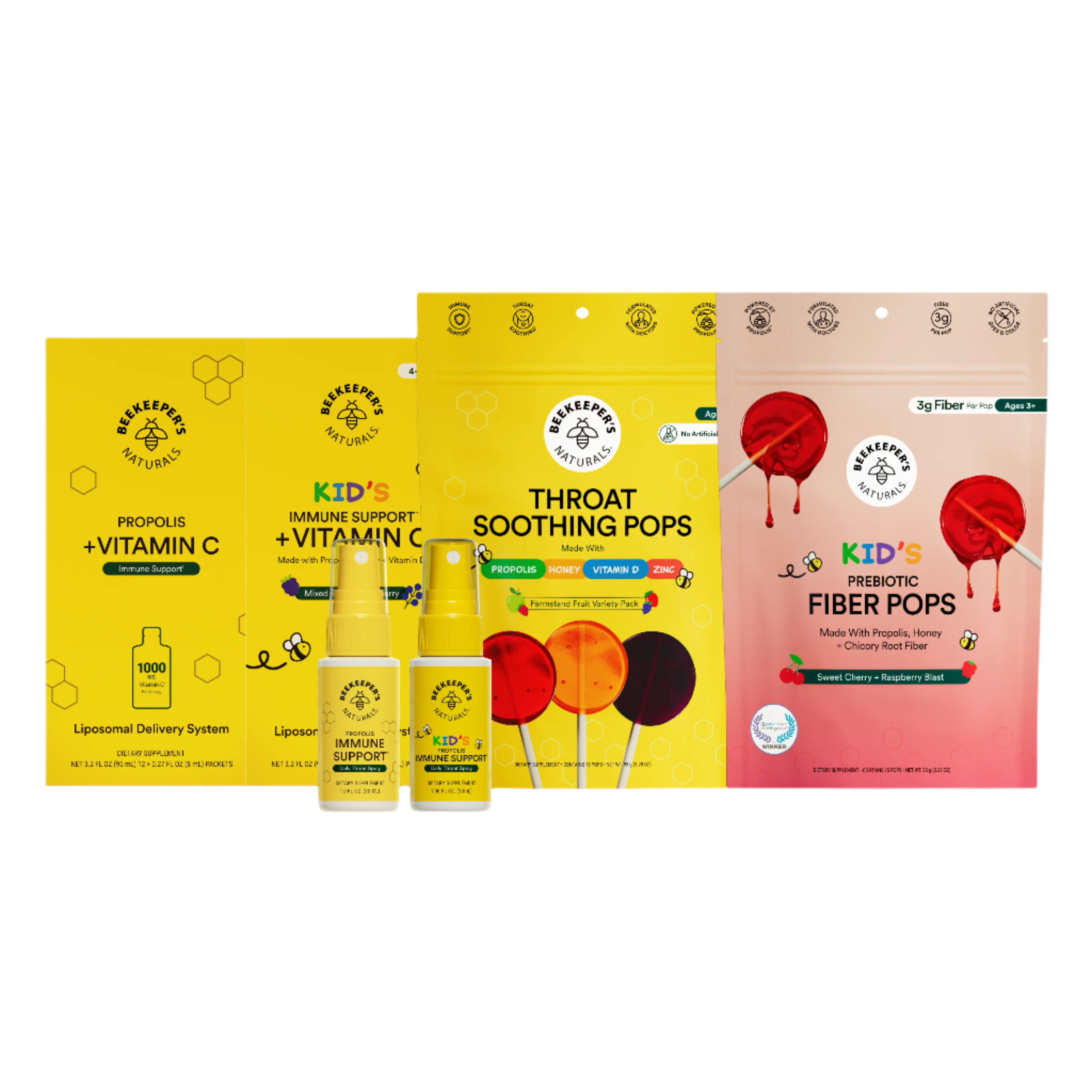 Front view of Supercharged Back-to-School Immunity Kit showing: kids and adult immune support throat sprays, throat soothing Pops, kid's prebiotic Fiber Pops, and kids and adult liposomal vitamin C pouches on white background